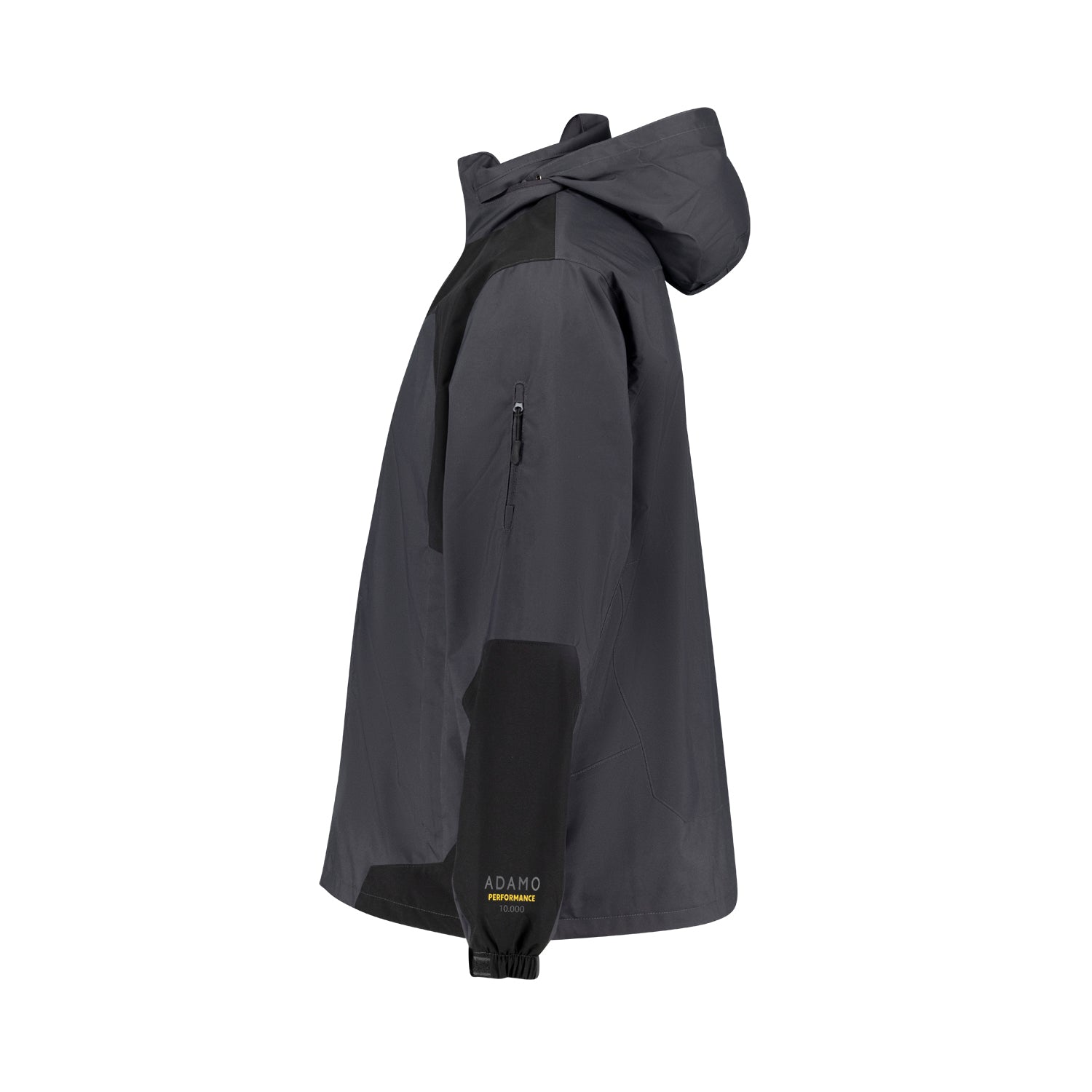 Seitenansicht ADAMO Herren 3in1 Jacke "Alaska" in Grau-Schwarz mit Kapuze und Schriftzug „ADAMO PERFORMANCE 10.000“ in Übergrößen.
