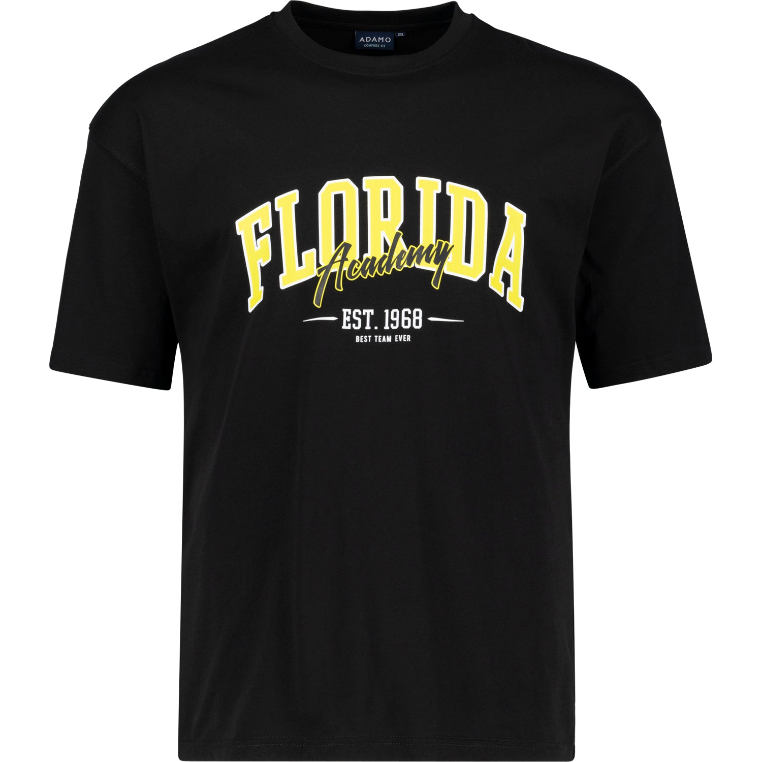 Vorderansicht ADAMO Übergrößen Herren T-Shirt COMFORT FIT mit Print, schwarz, kurzarm, 2XL-14XL.