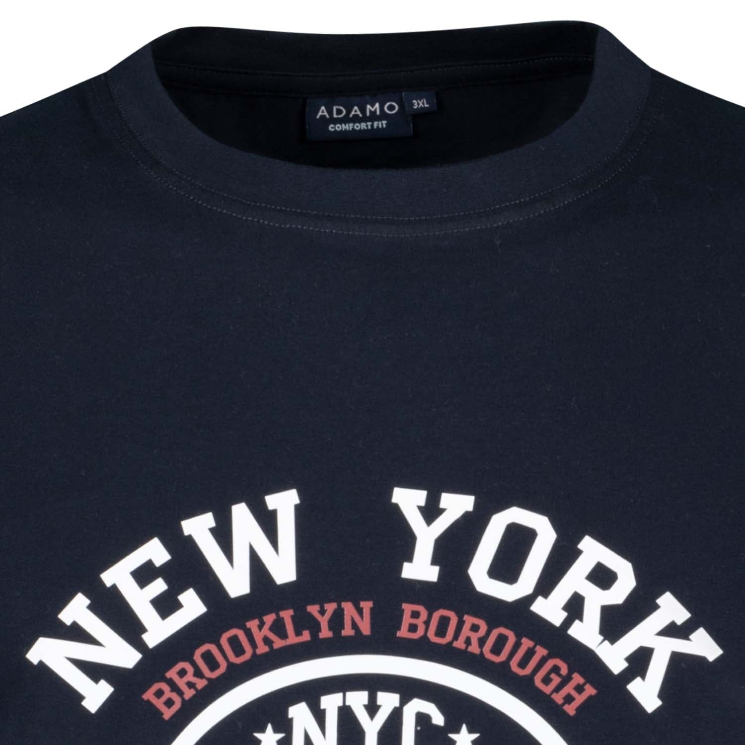 Detailansicht ADAMO Herren Kurzarmshirt in Navy mit Rundhalsausschnitt und großem Print.