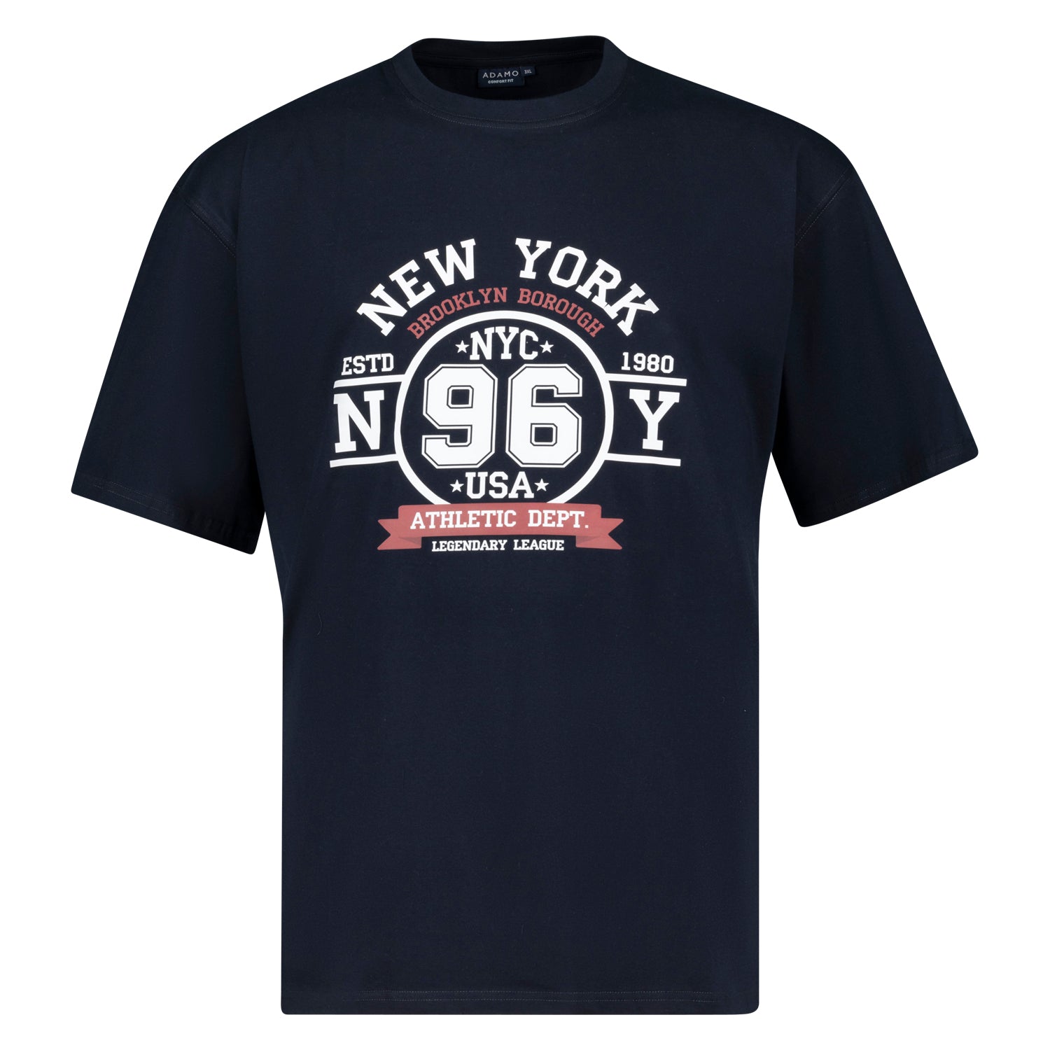 Vorderansicht ADAMO Übergrößen Herren T-Shirt COMFORT FIT mit Print, navy, kurzarm, 2XL-12XL.