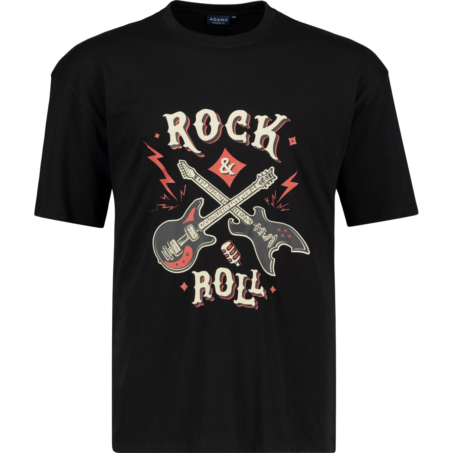 Vorderansicht ADAMO Übergrößen Herren T-Shirt COMFORT FIT mit Print, schwarz, kurzarm, 2XL-12XL.
