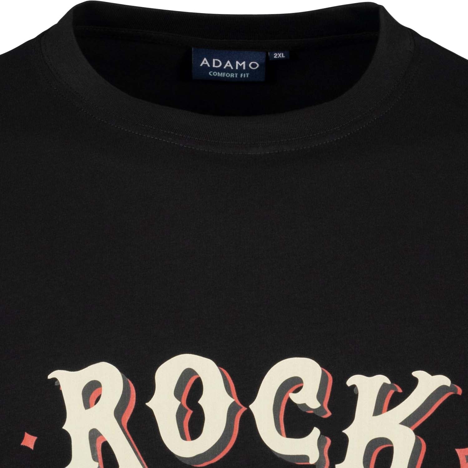 Detailansicht ADAMO Herren Kurzarmshirt in Schwarz mit Rundhalsausschnitt und großem Print.