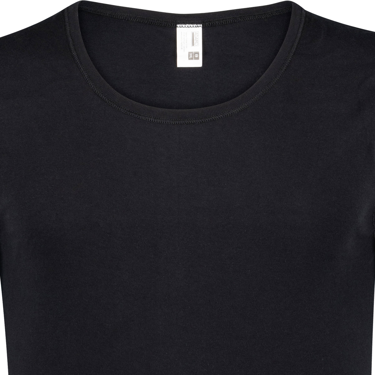Detailansicht Halsausschnitt ADAMO Herren-Feinripp Cityshirt schwarz.
