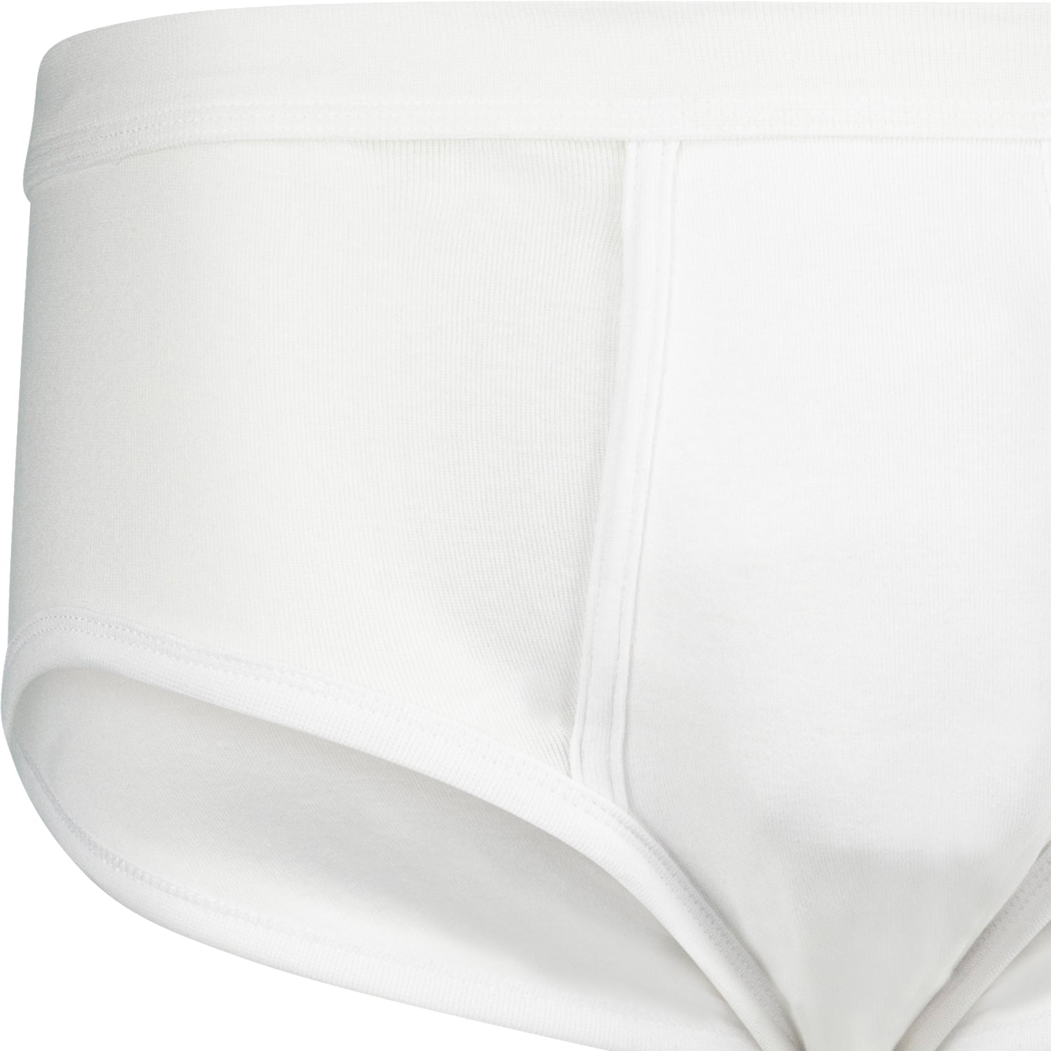 Seitliche Vorderansicht Herren-Feinripp-Slip weiß mit Eingriff, ADAMO.