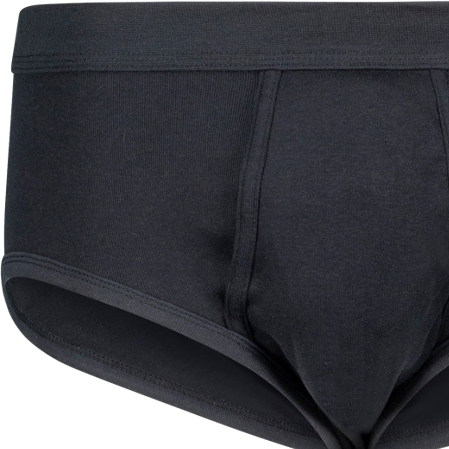 Seitliche Vorderansicht Herren-Feinripp-Slip schwarz mit Eingriff, ADAMO.