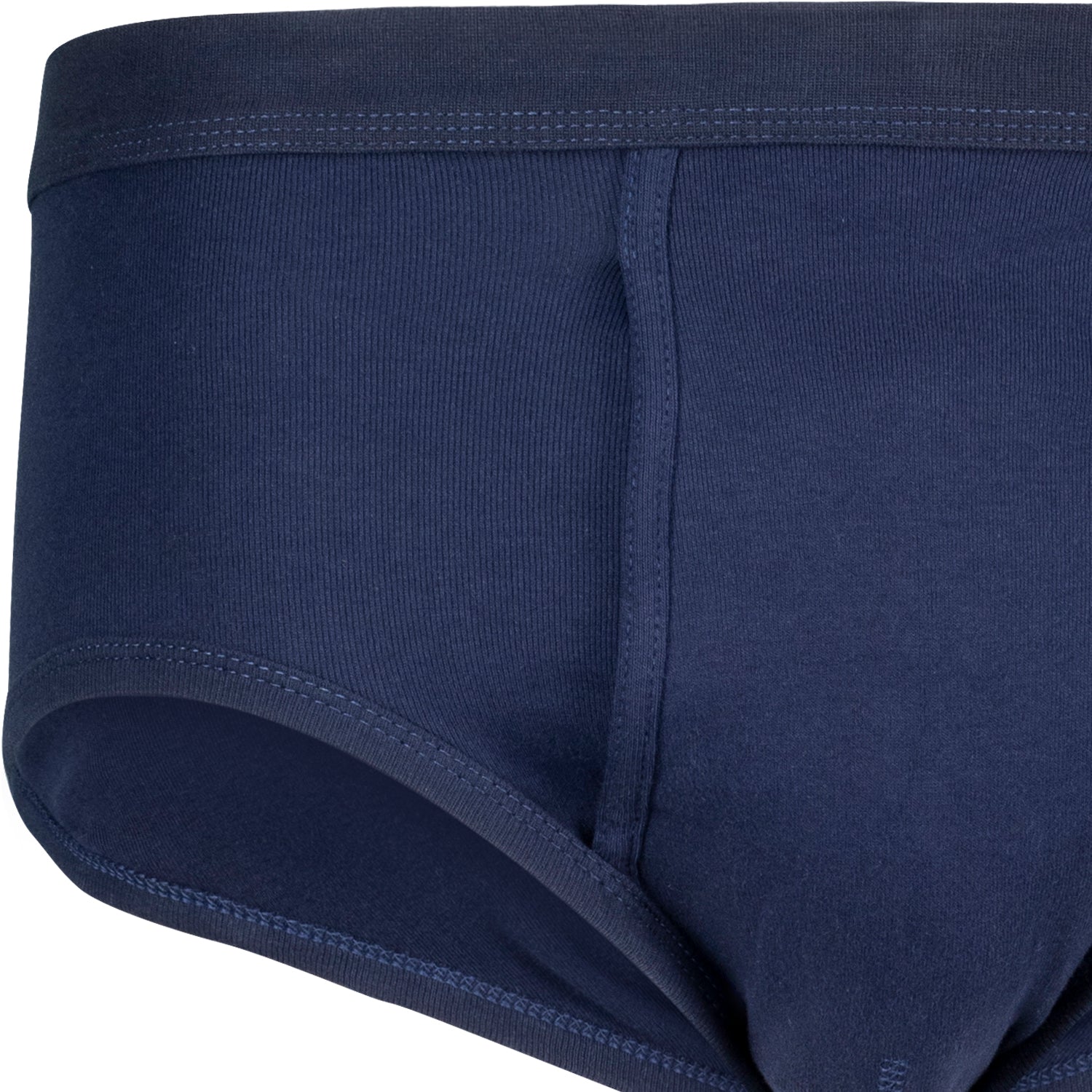 Seitliche Vorderansicht Herren-Feinripp-Slip dunkelblau mit Eingriff, ADAMO.