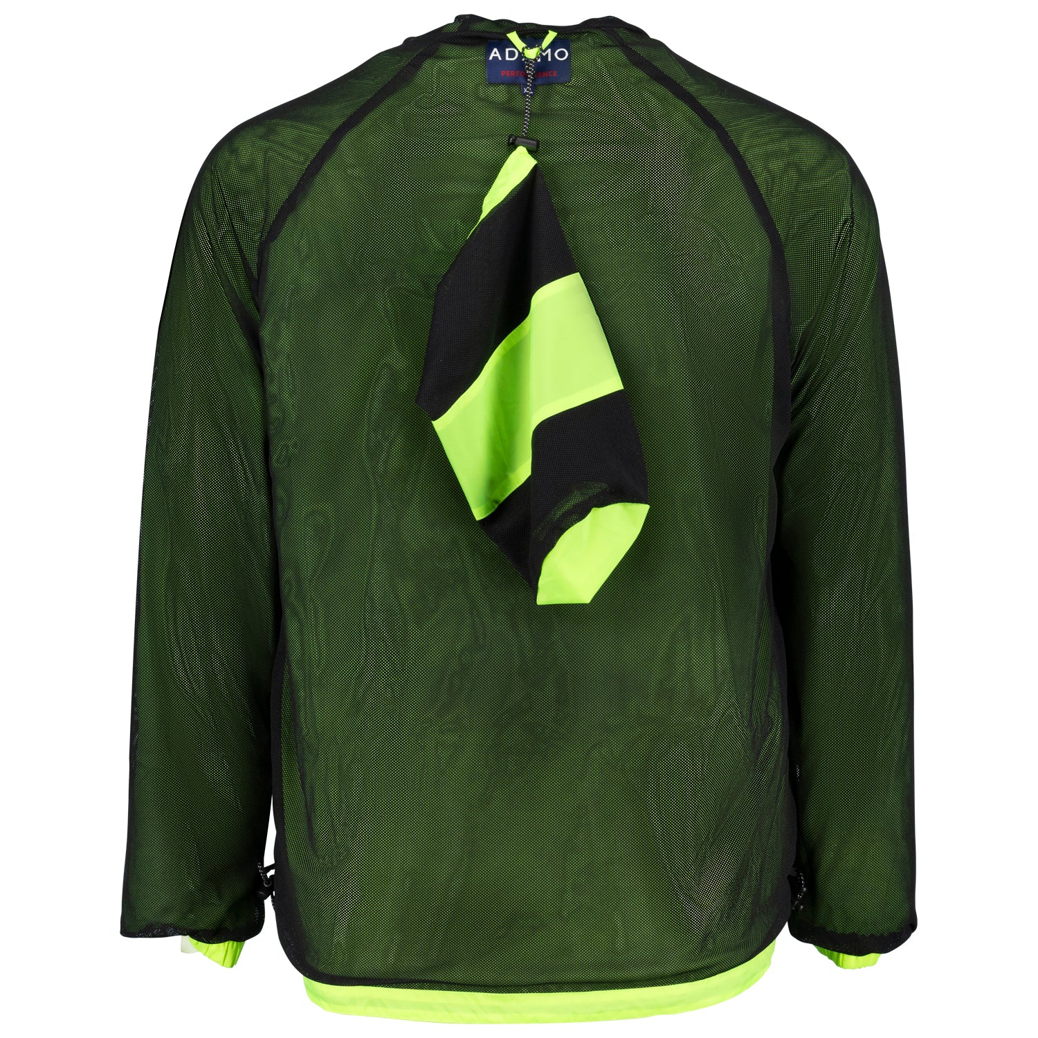 Rückansicht des Mesh-Innenfutters und Netzbeutels der ADAMO Herren-Regenjacke in Neongelb
