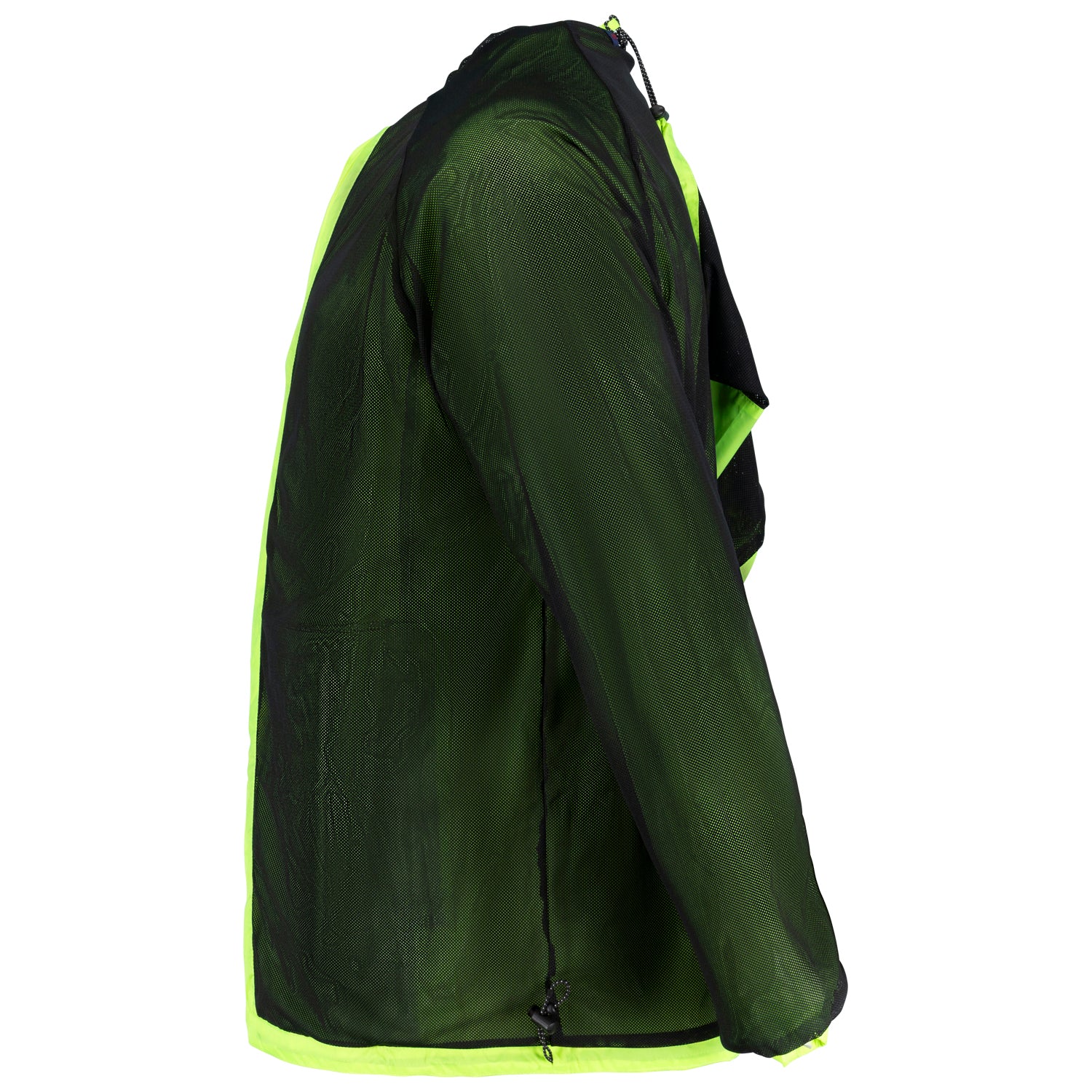 Seitenansicht des Mesh-Innenfutters und Netzbeutels der ADAMO Herren-Regenjacke in Neongelb