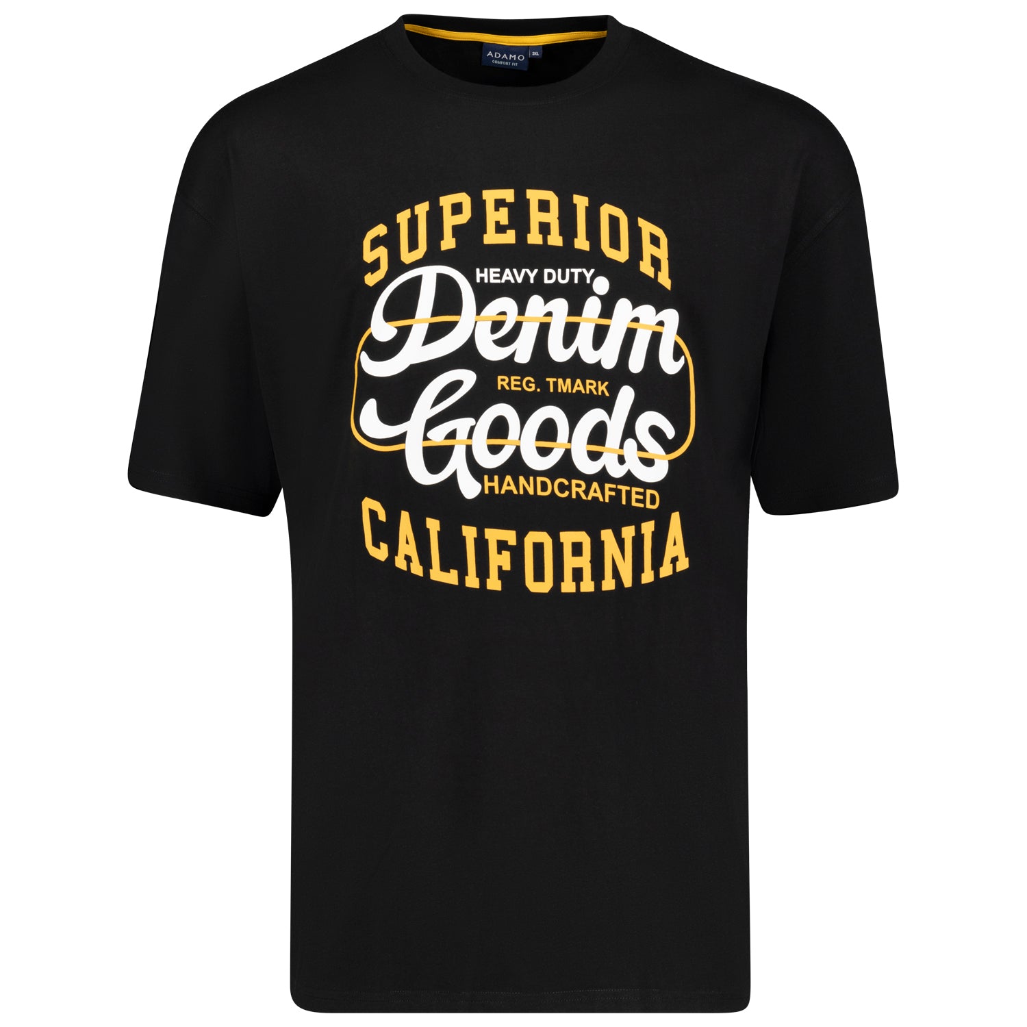 Vorderansicht ADAMO Übergrößen Herren T-Shirt COMFORT FIT mit Print, schwarz, kurzarm, 2XL-14XL.