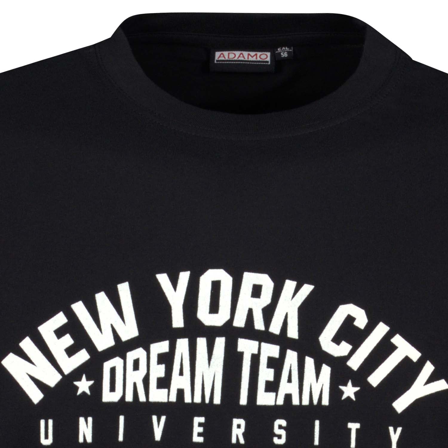 Detailansicht ADAMO Herren Kurzarmshirt in Schwarz mit Rundhalsausschnitt und großem Print.