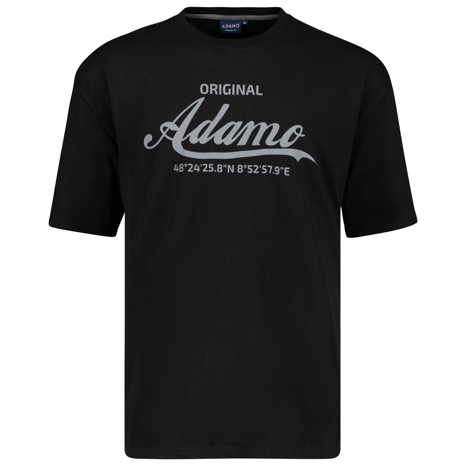 Vorderansicht ADAMO Übergrößen Herren T-Shirt COMFORT FIT mit Print, schwarz, kurzarm, 2XL-14XL.
