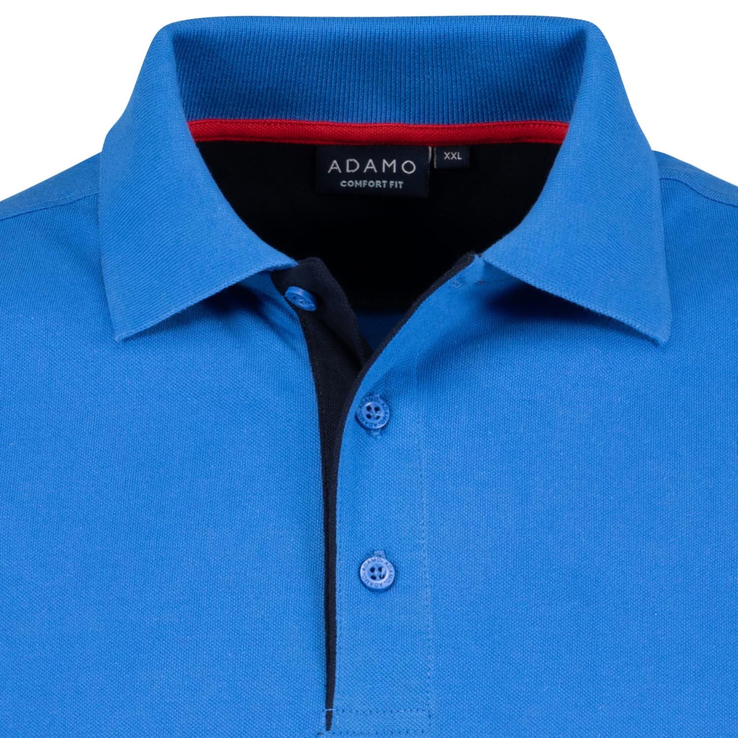 Detailansicht Polokragen und Knopfleiste des Übergrößen Pique Poloshirts COMFORT FIT in Azurblau, Serie PAUL von ADAMO, bis 12XL.