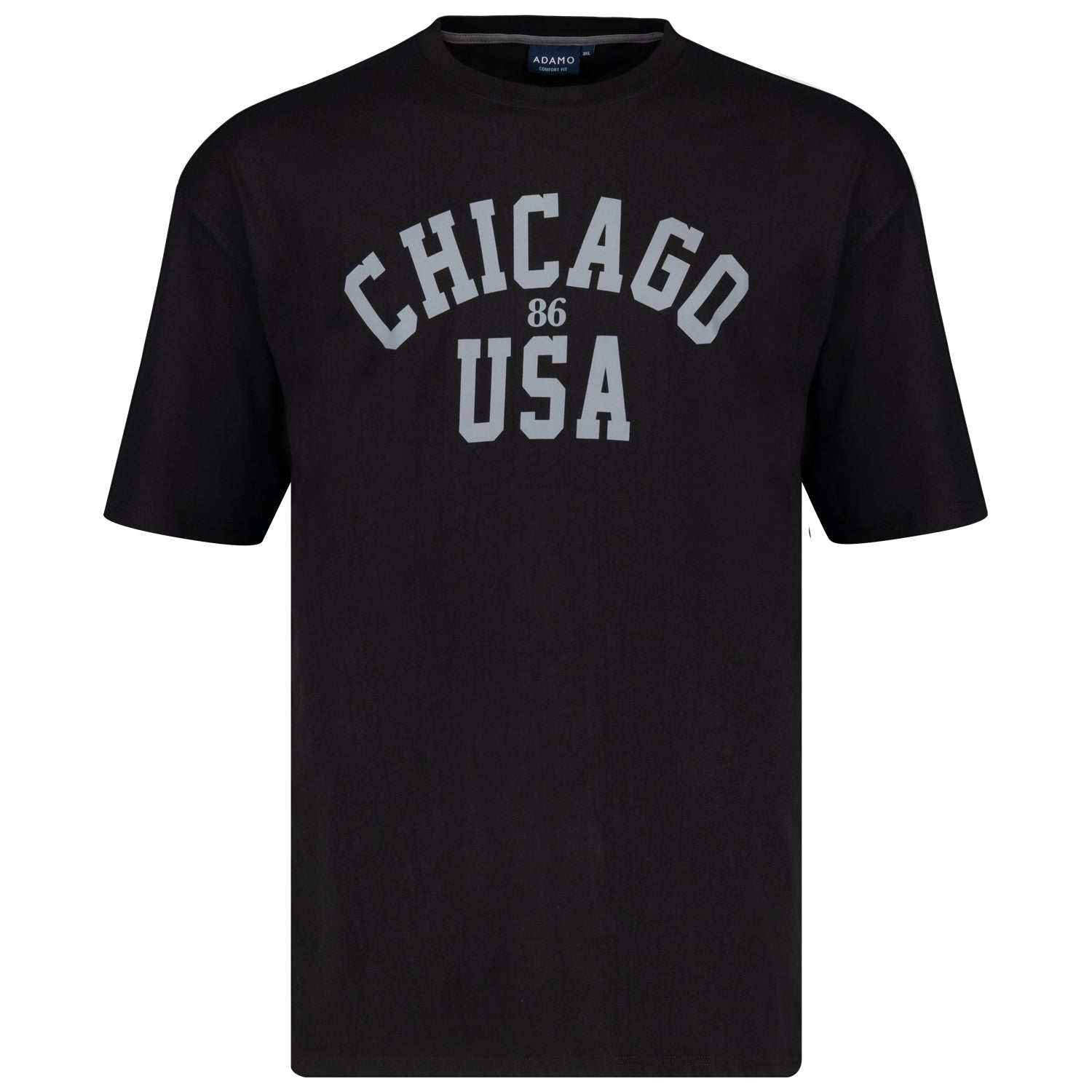 Vorderansicht ADAMO Übergrößen Herren T-Shirt COMFORT FIT mit Print, schwarz, kurzarm, 2XL-14XL.