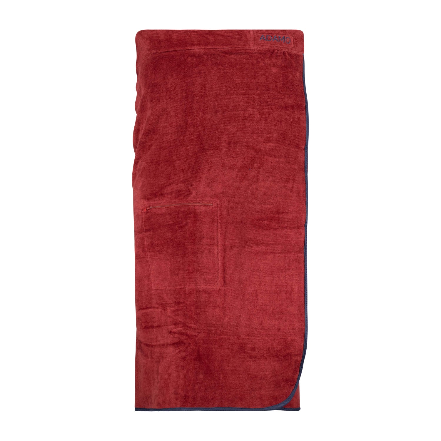 Vorderansicht ADAMO Damen XXL-Sauna Kilt in Weinrot, saugfähig, weicher Stoff, mit Klettverschluss und Taschen.