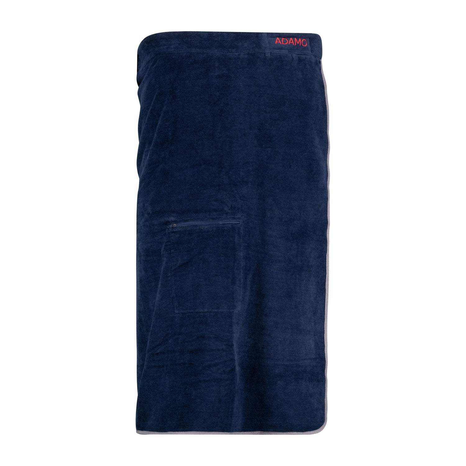 Vorderansicht ADAMO Damen XXL-Sauna Kilt in Navy, saugfähig, weicher Stoff, mit Klettverschluss und Taschen.