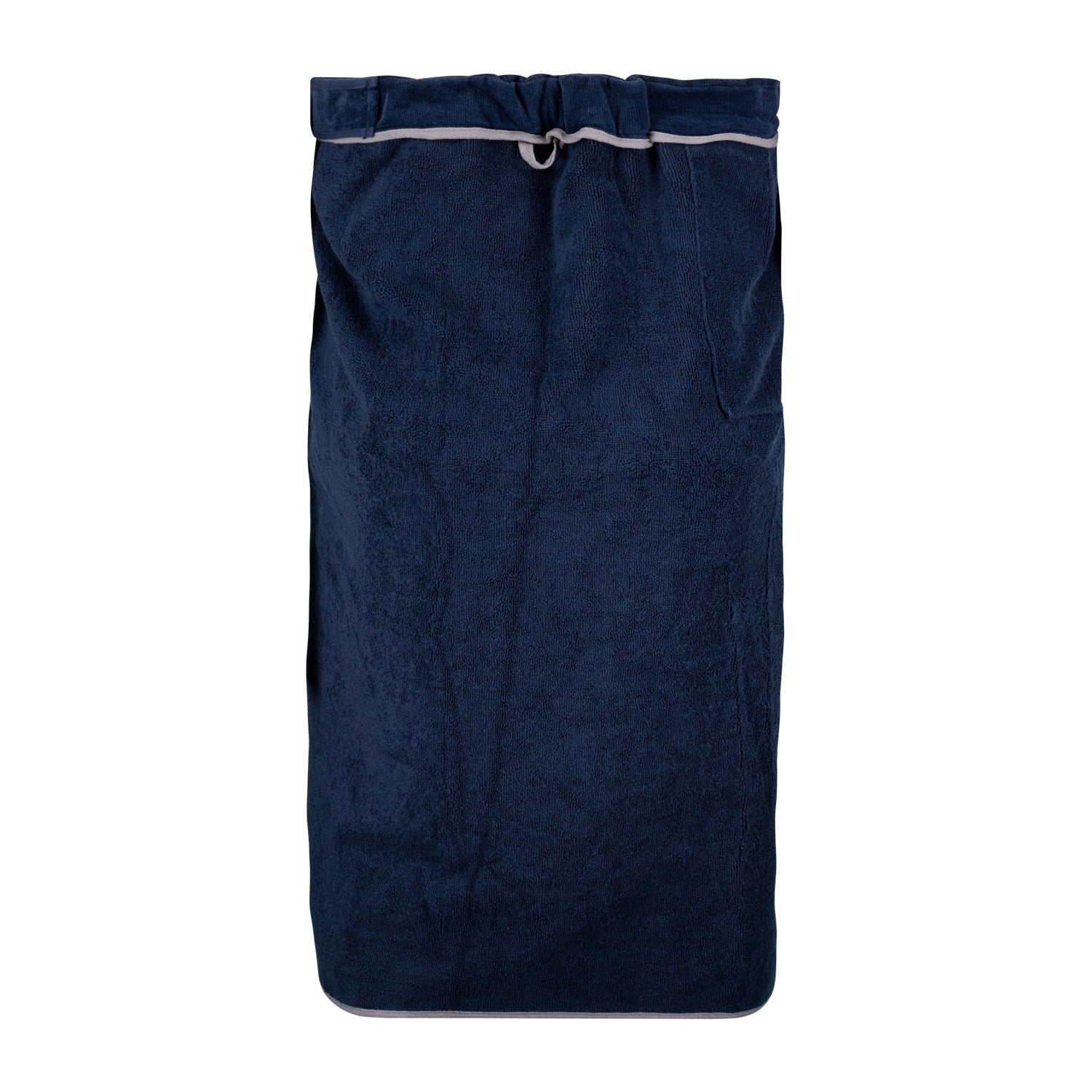 Detailansicht ADAMO Damen XXL-Saunakilt in Navy mit verstellbarem Klettverschluss, weiches Material, Seitentaschen.