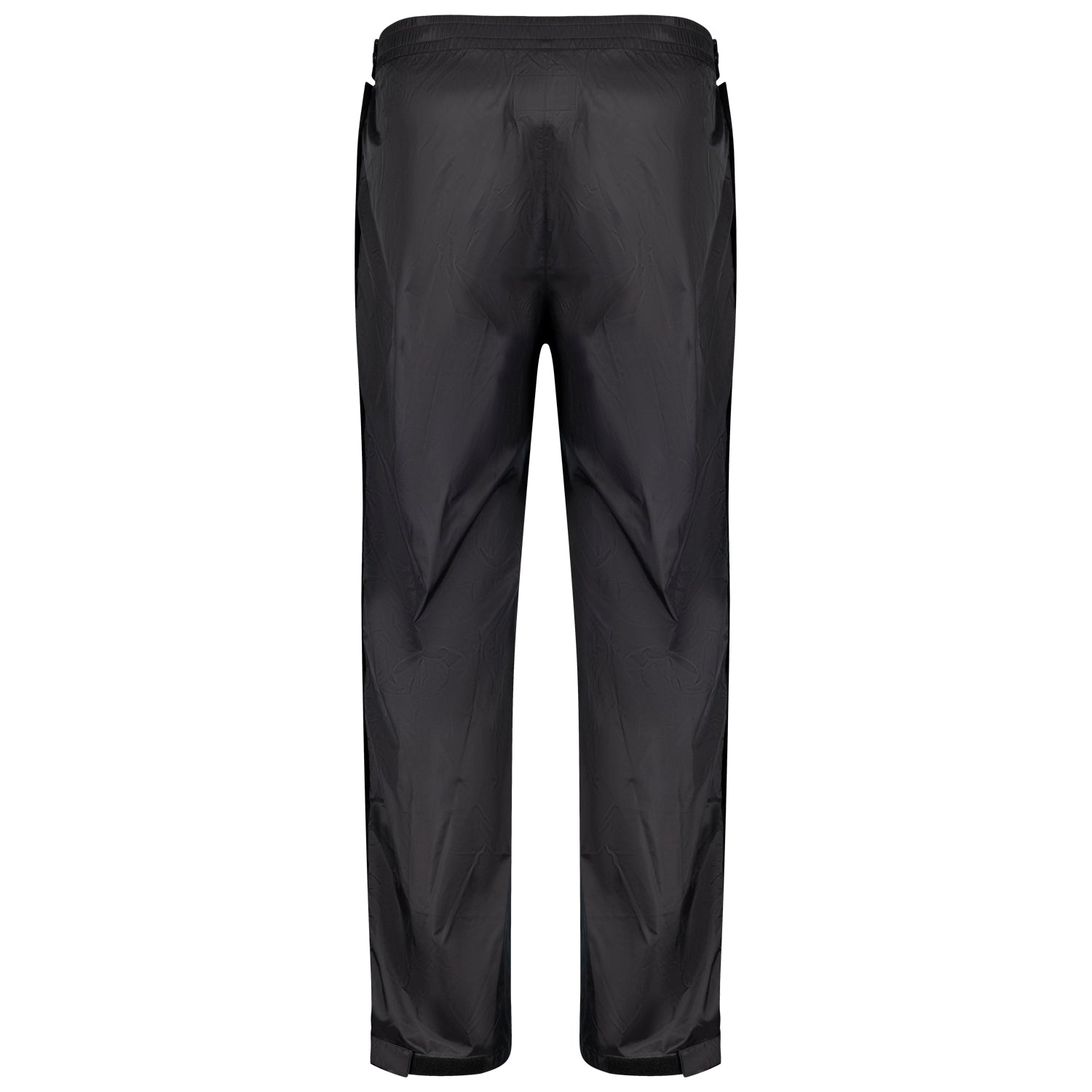 Rückansicht der ADAMO Herren-Regenhose in Schwarz mit elastischem Bund und verstellbarem Beinabschluss