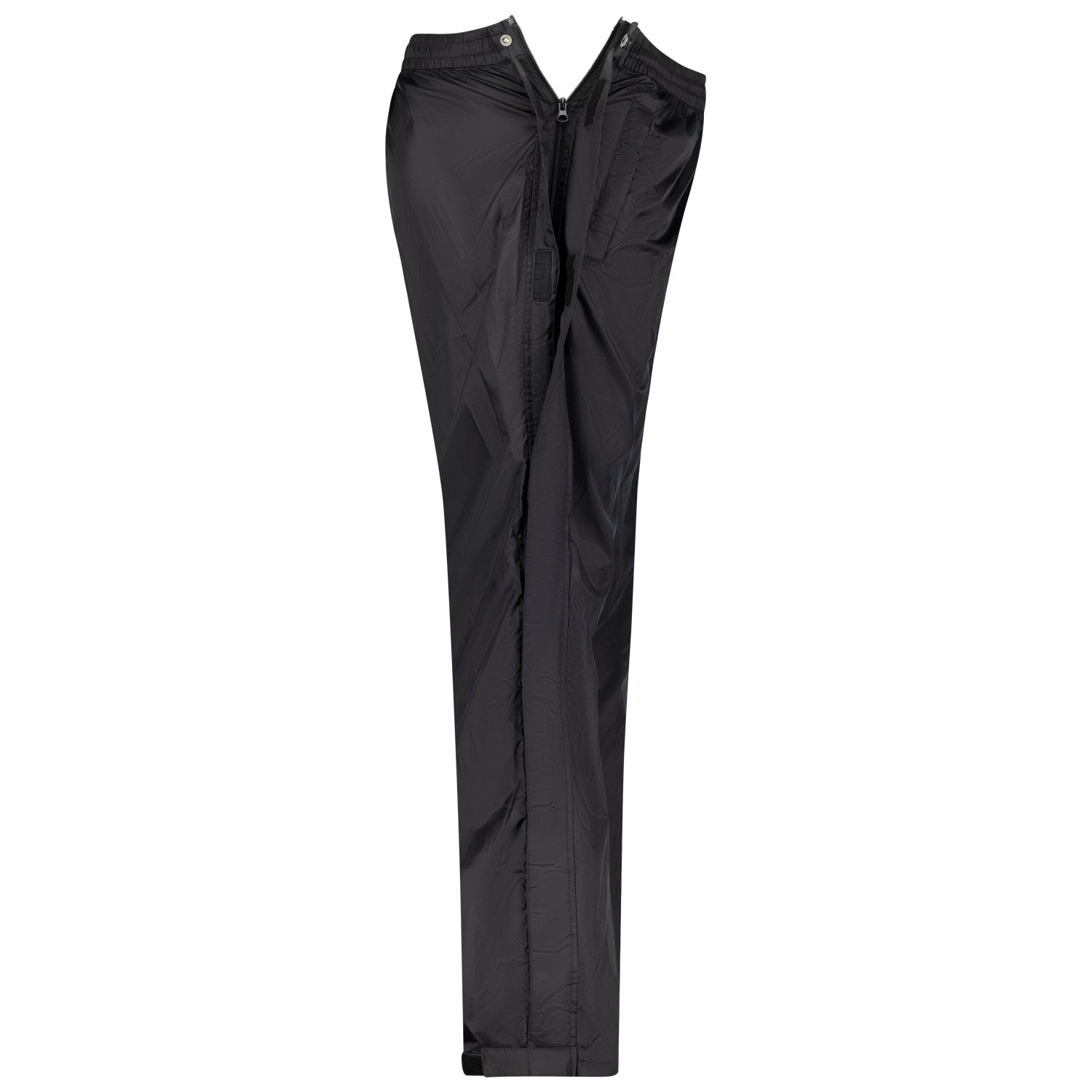 Detailansicht der geöffneten ADAMO Herren-Regenhose mit seitlichem 2-Wege-Reißverschluss