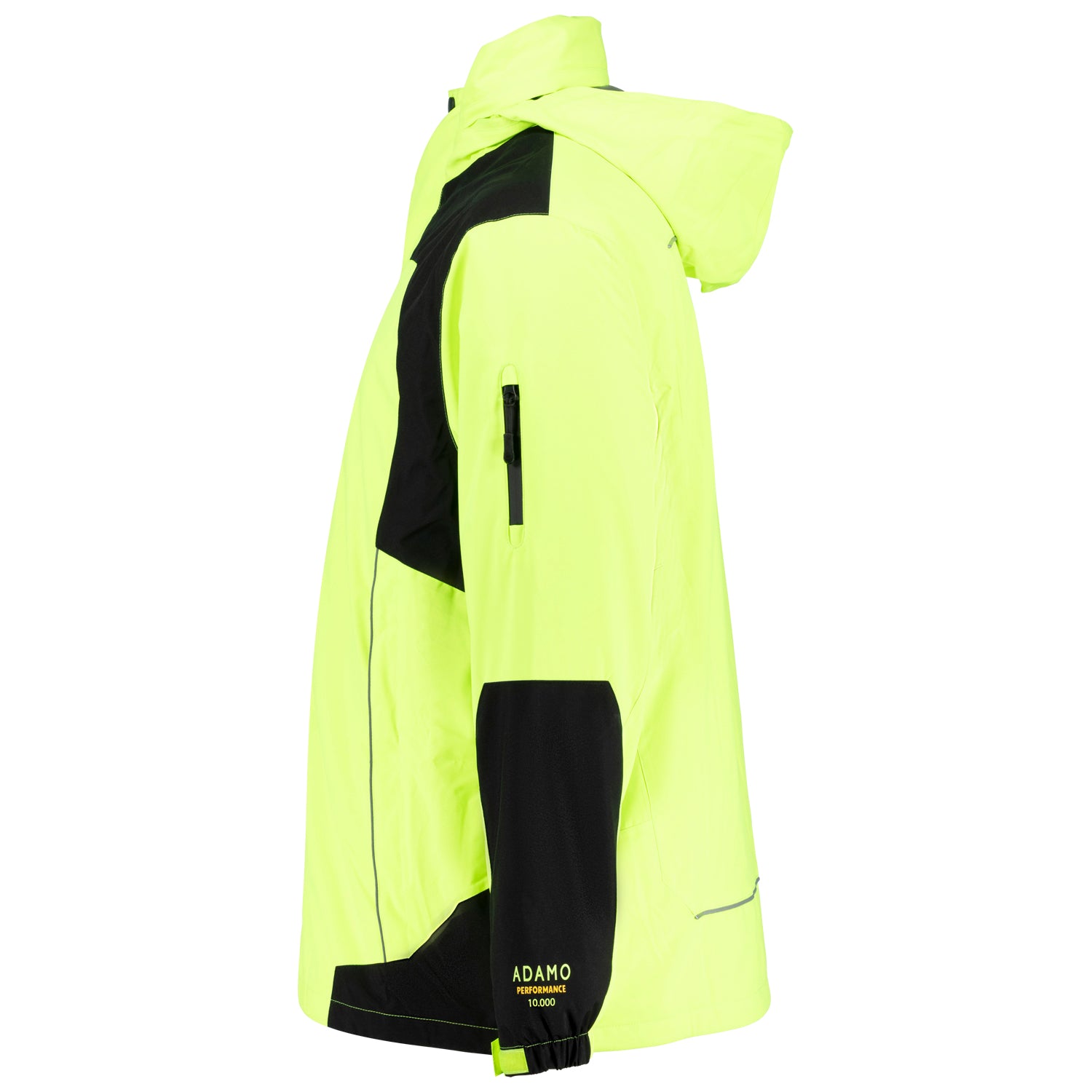 Seitenansicht ADAMO Herren 3in1 Jacke in Neongelb mit Schriftzug „ADAMO PERFORMANCE 10.000“ in Übergrößen.
