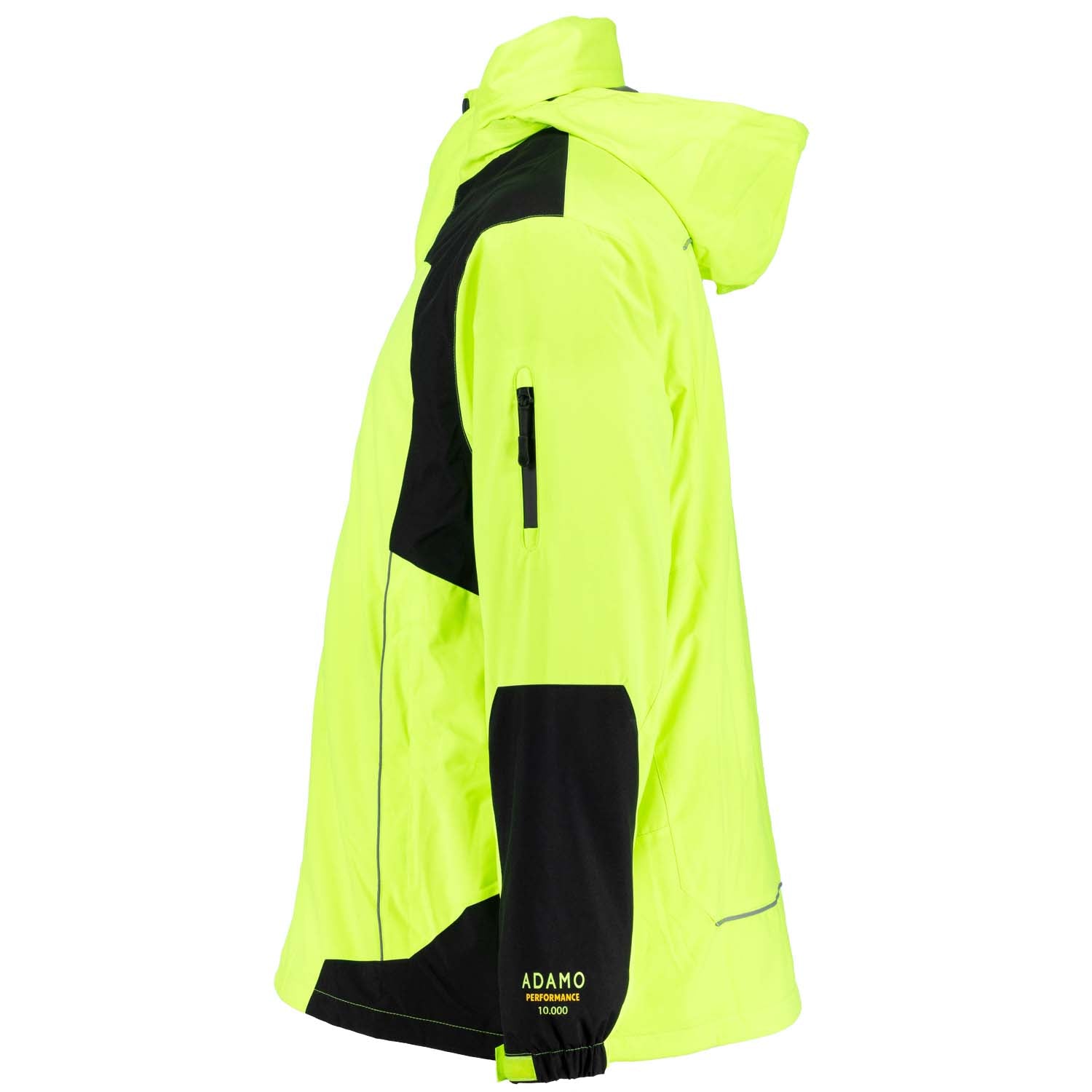 Seitenansicht ADAMO Herren 3in1 Jacke in Neongelb mit Schriftzug „ADAMO PERFORMANCE 10.000“ in Übergrößen.