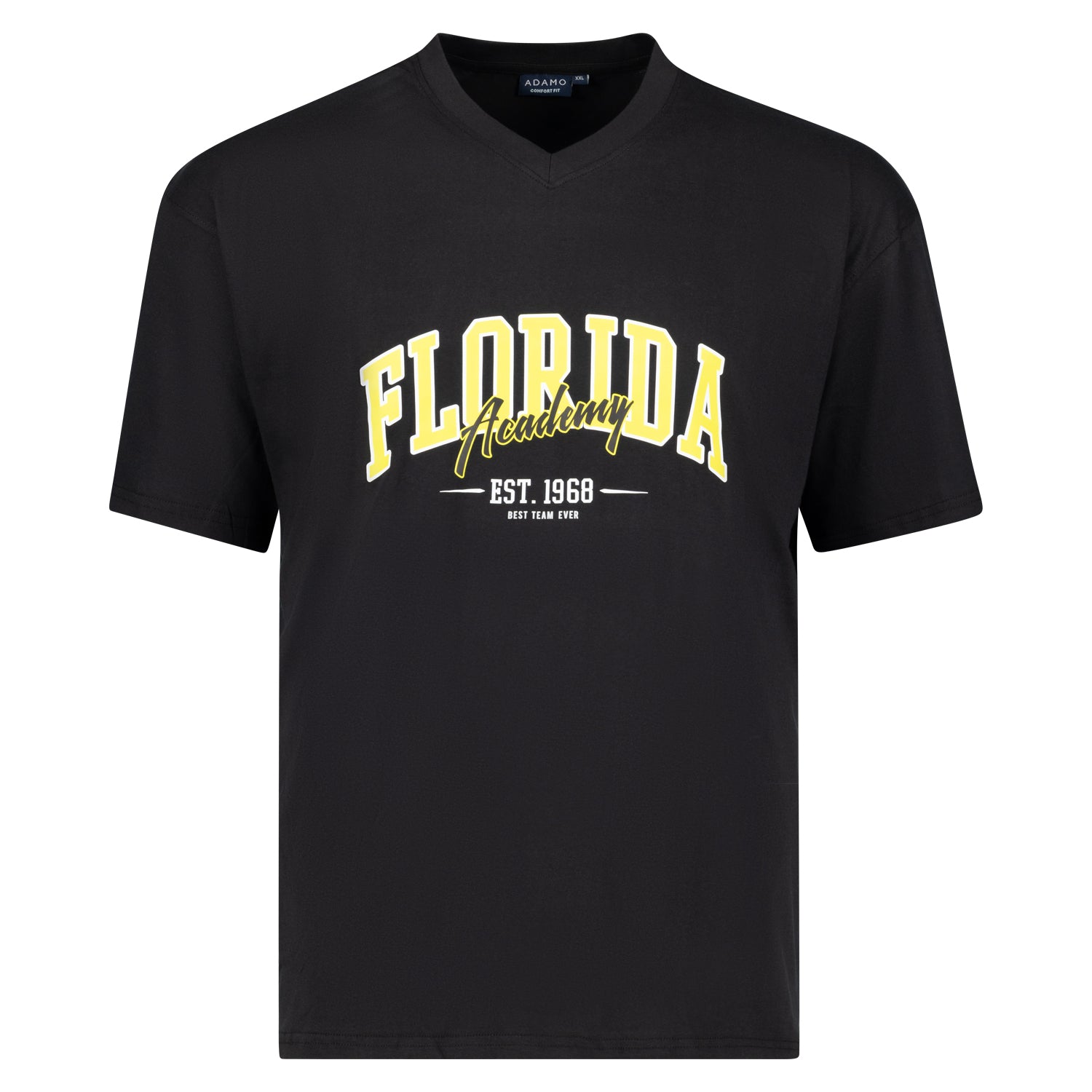 Vorderansicht ADAMO Übergrößen Herren T-Shirt mit V-Ausschnitt COMFORT FIT mit Print, schwarz, kurzarm, 2XL-12XL.