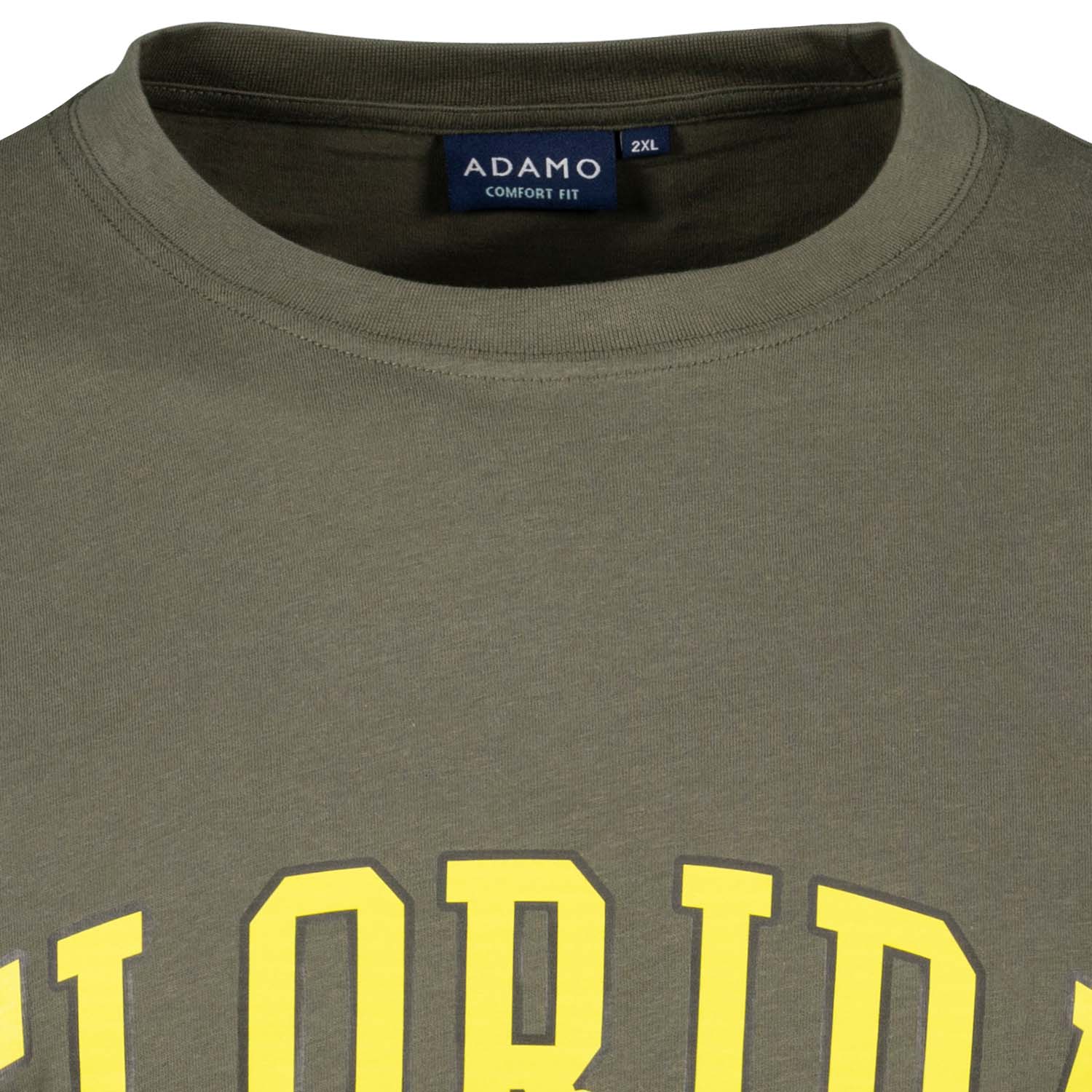 Detailansicht ADAMO Herren Kurzarmshirt in Oliv mit Rundhalsausschnitt und großem Print.