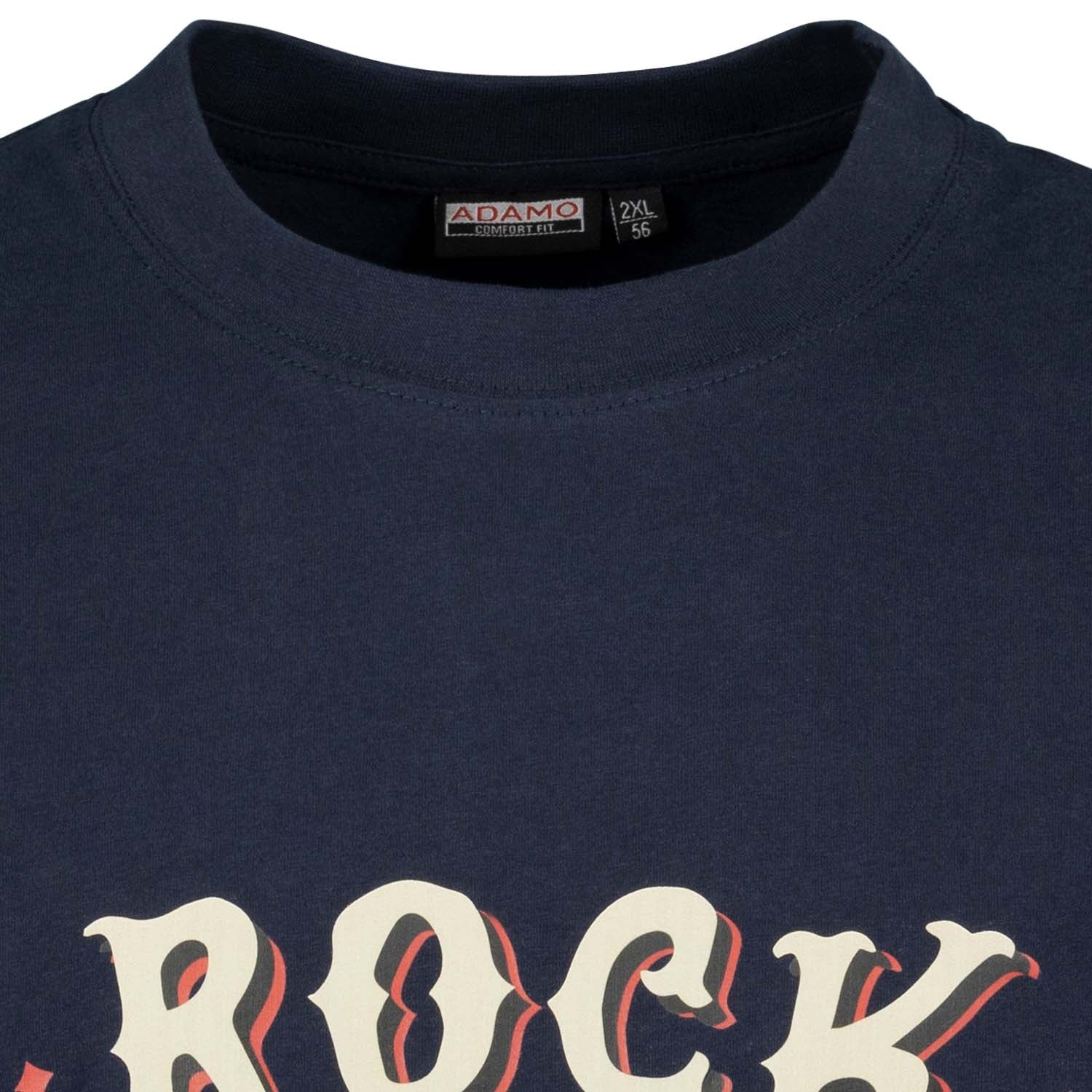 Detailansicht ADAMO Herren Kurzarmshirt in Navy mit Rundhalsausschnitt und großem Print.