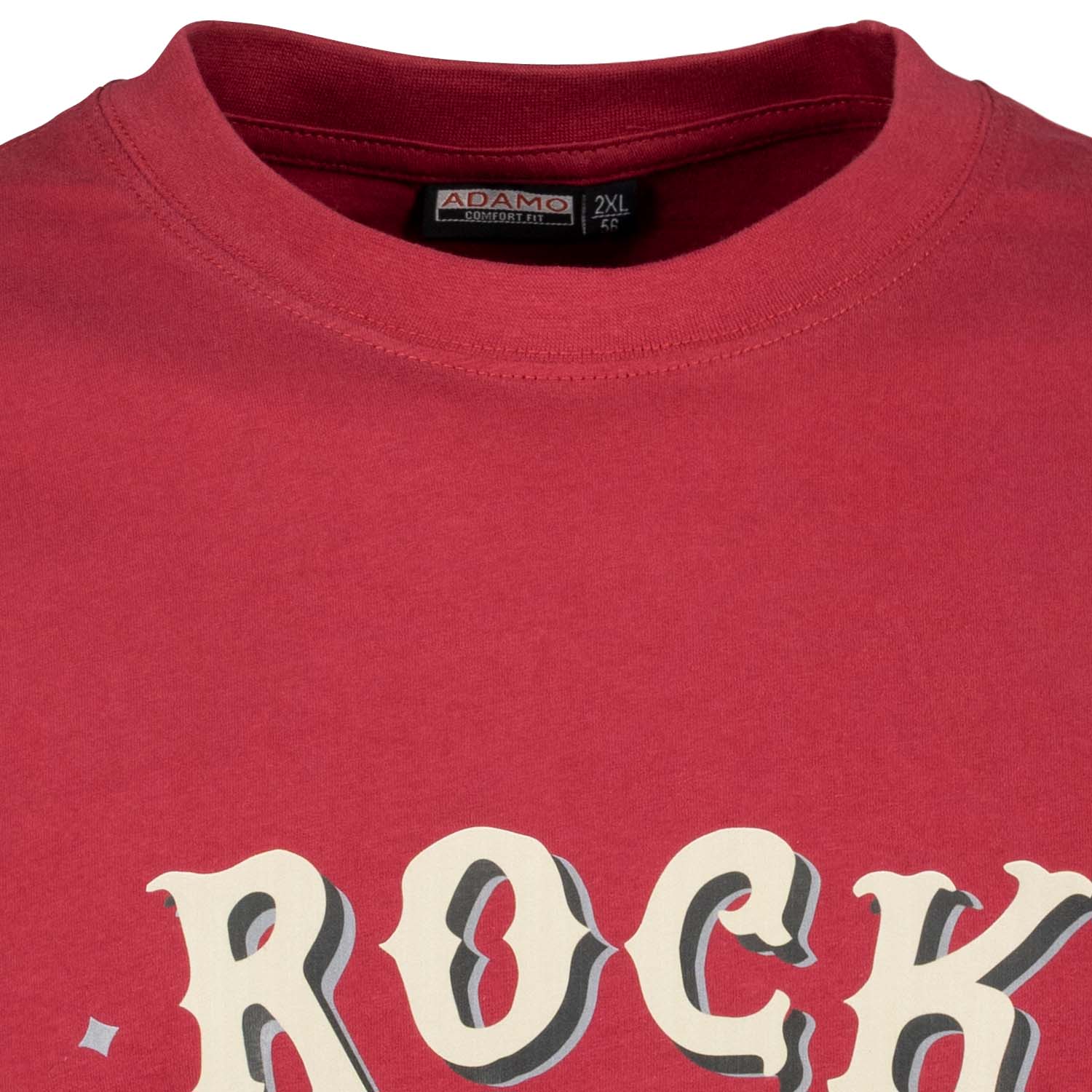 Detailansicht ADAMO Herren Kurzarmshirt in Weinrot mit Rundhalsausschnitt und großem Print.