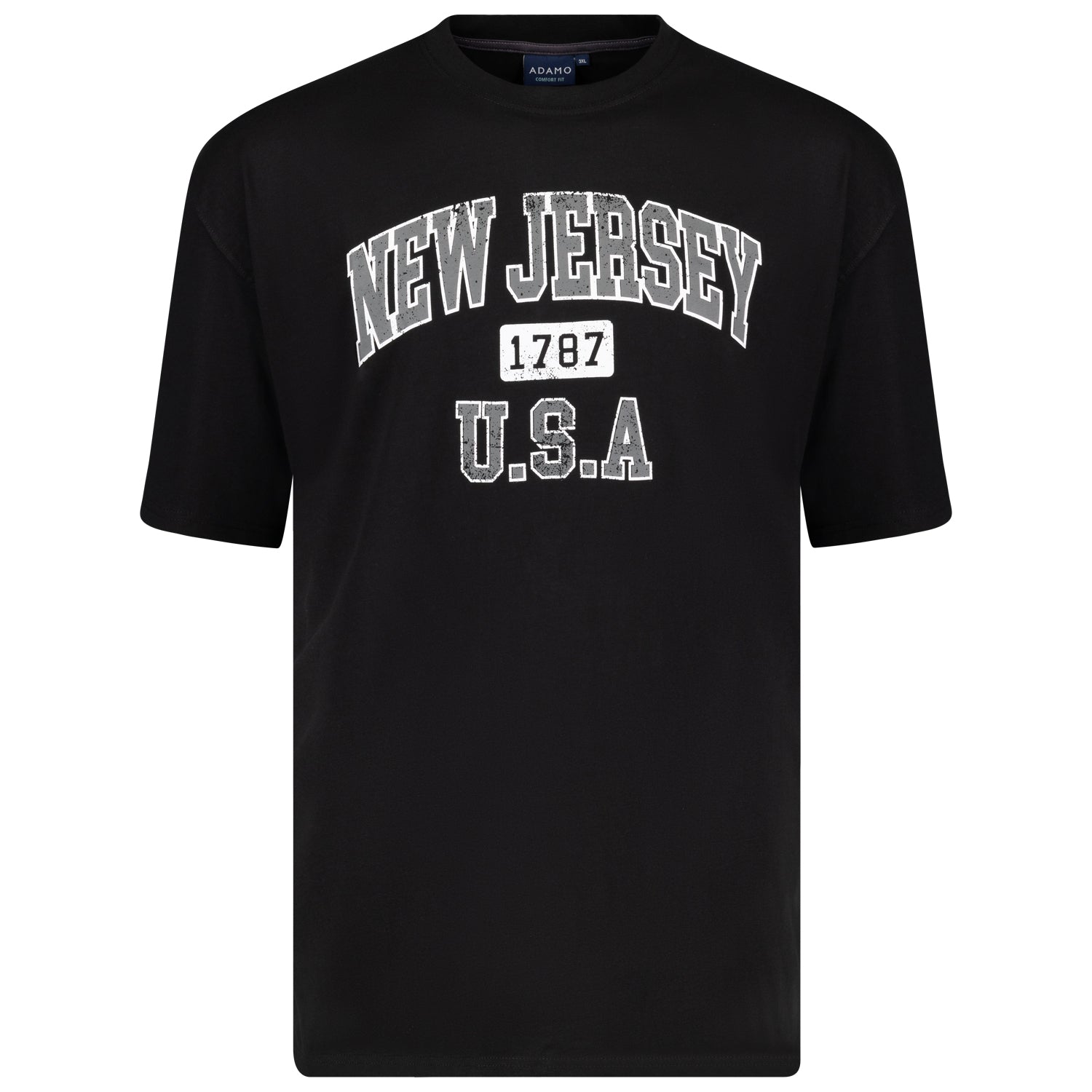 Vorderansicht ADAMO Übergrößen Herren T-Shirt COMFORT FIT mit Print, schwarz, kurzarm, 2XL-14XL