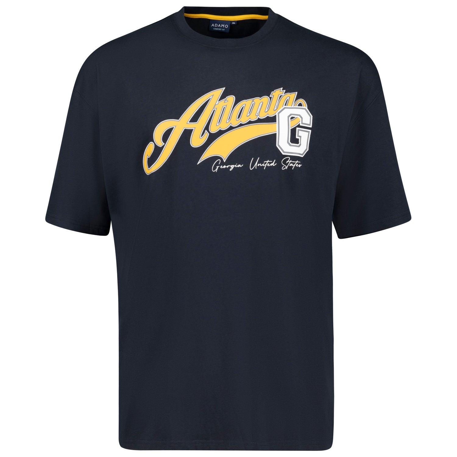 Vorderansicht ADAMO Herren T-Shirt COMFORT FIT – Dunkelblaues Kurzarmshirt in Übergrößen mit Print.