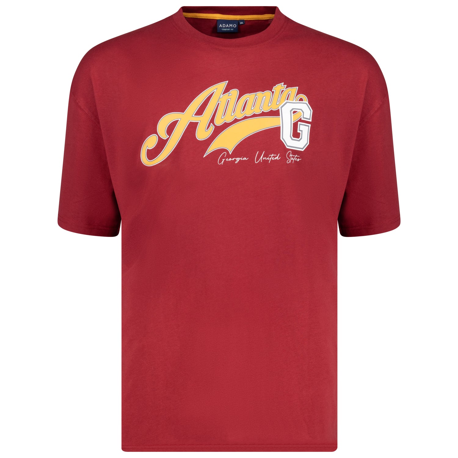 Vorderansicht ADAMO Herren T-Shirt COMFORT FIT – Weinrotes Kurzarmshirt in Übergrößen mit Print.