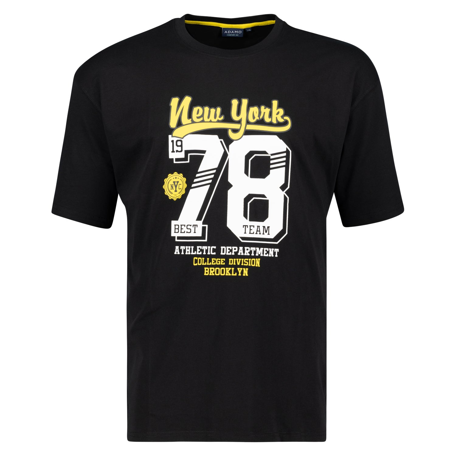 Vorderansicht ADAMO Übergrößen Herren T-Shirt COMFORT FIT mit Print, schwarz, kurzarm, 2XL-14XL.