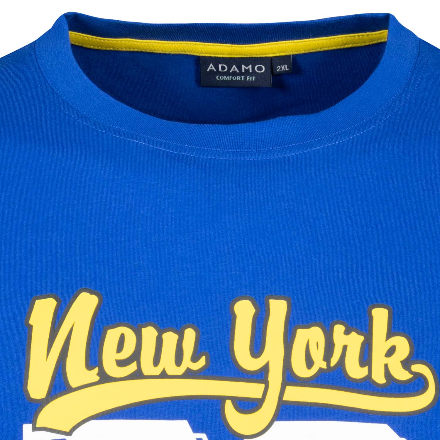 Detailansicht ADAMO Herren Kurzarmshirt in Royalblau mit Rundhalsausschnitt und großem Print.