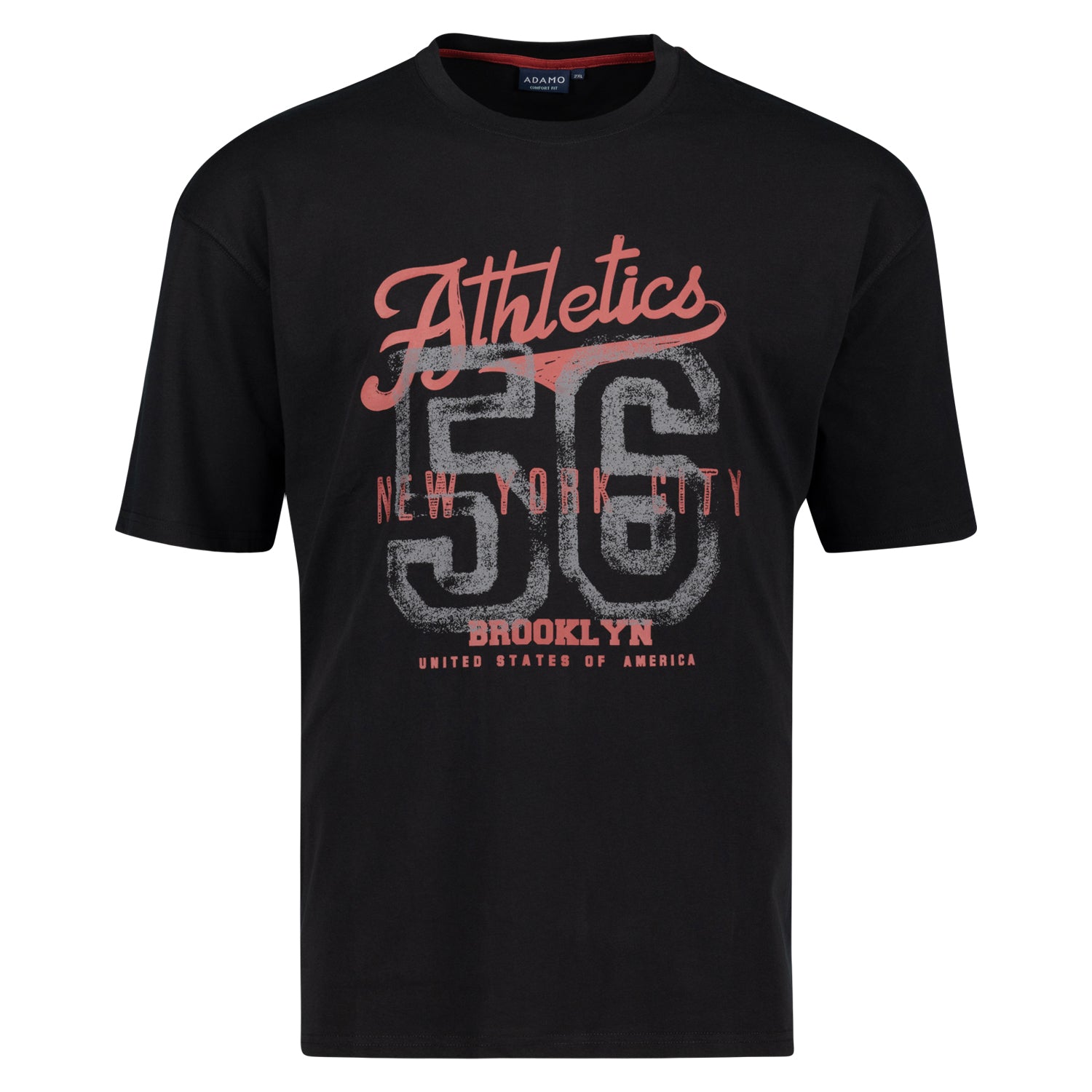 Vorderansicht ADAMO Übergrößen Herren T-Shirt COMFORT FIT mit Print, schwarz, kurzarm, 2XL-14XL.