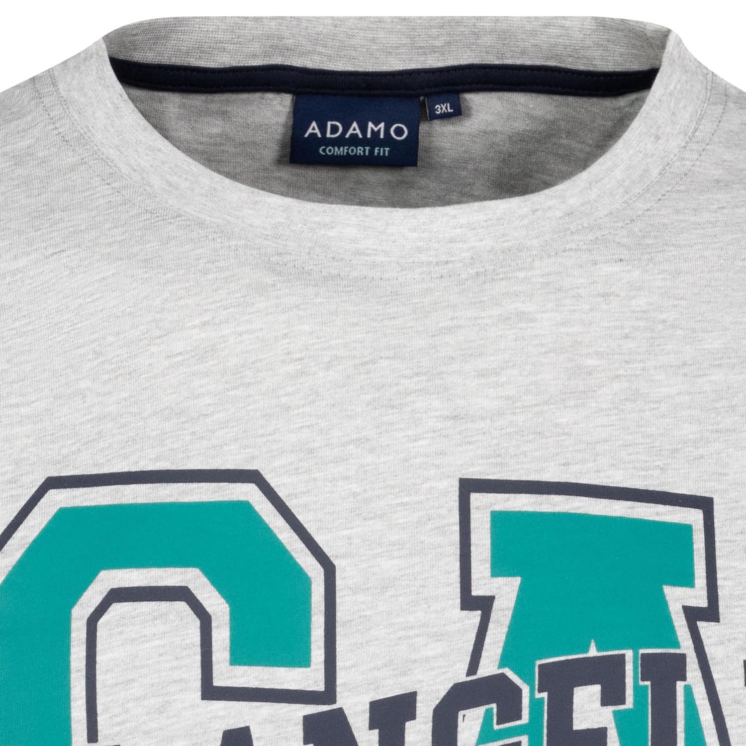 Detailansicht ADAMO Herren Kurzarmshirt graumeliert mit Rundhalsausschnitt und großem Print.