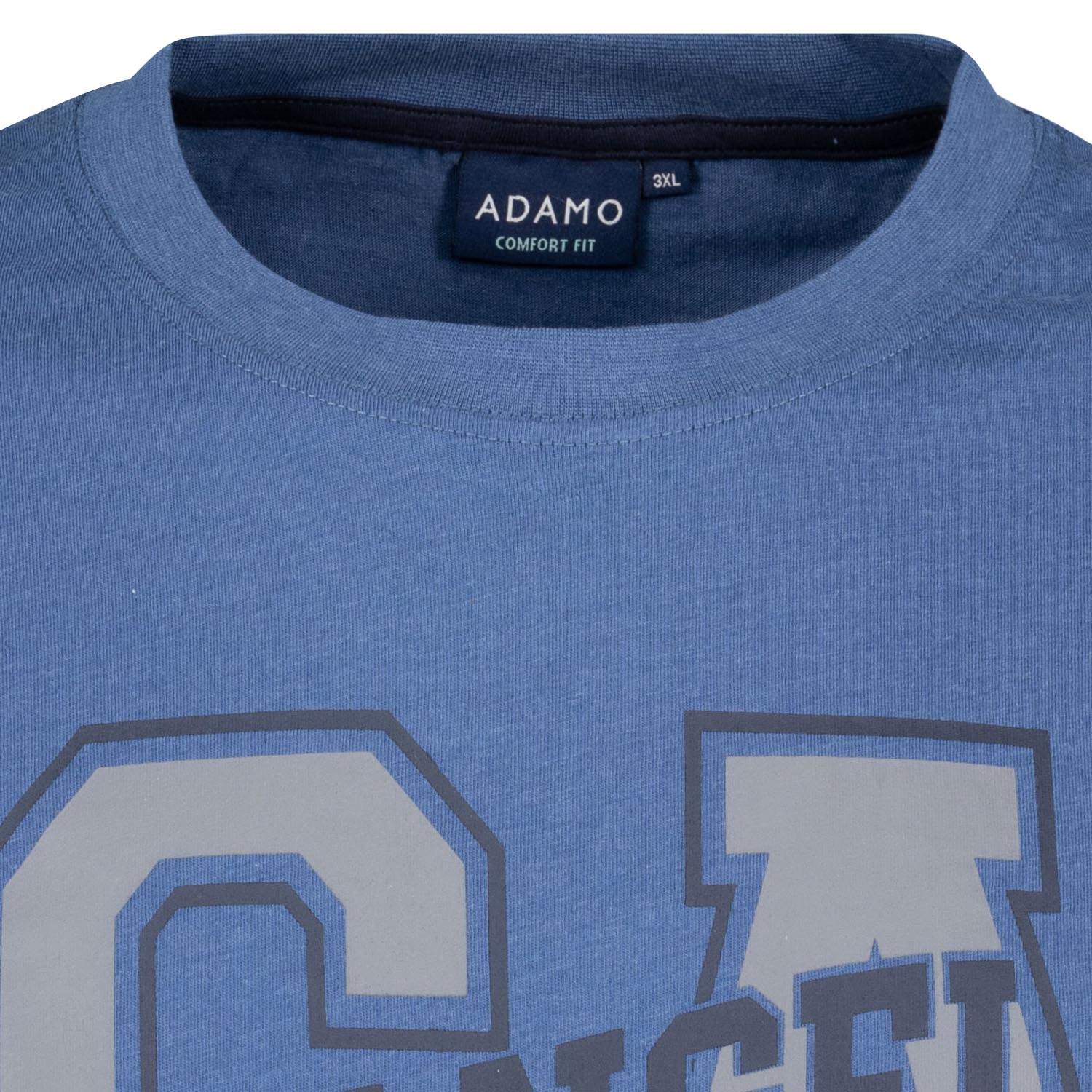 Detailansicht ADAMO Herren Kurzarmshirt jeans mit Rundhalsausschnitt und großem Print.