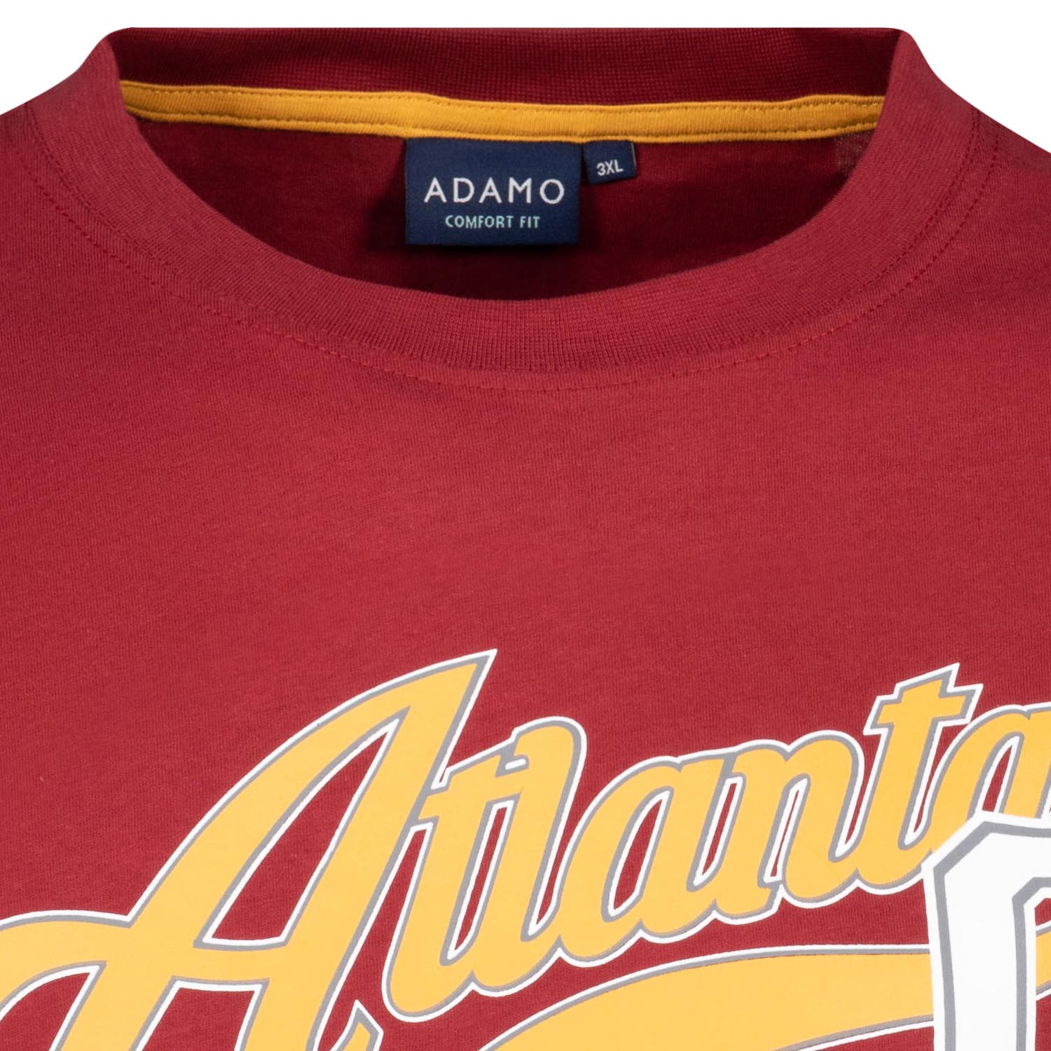 Detailansicht ADAMO Herren Kurzarmshirt in Weinrot mit Rundhalsausschnitt und großem Print.