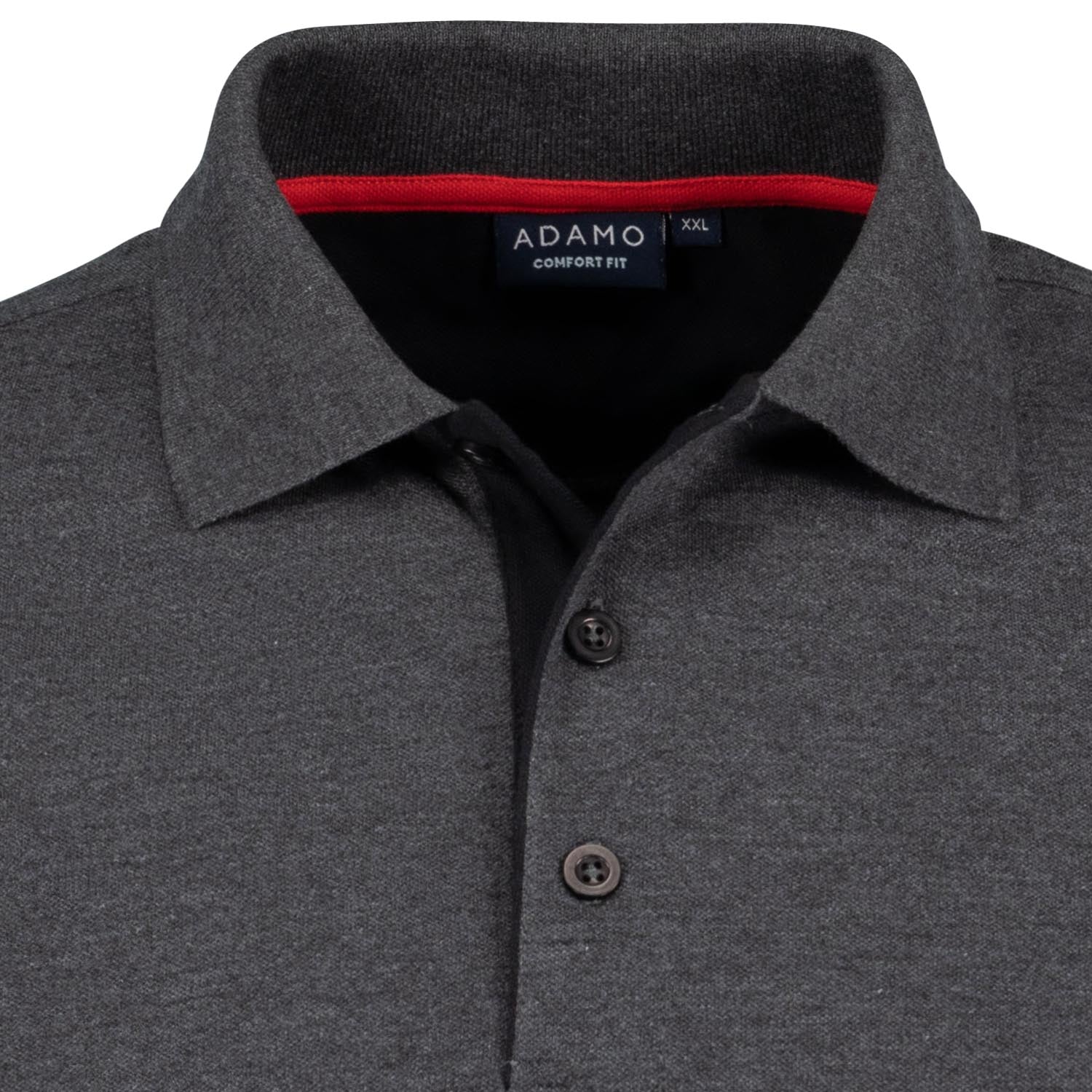 Detailansicht Polokragen und Knopfleiste des Übergrößen Pique Poloshirts COMFORT FIT in Anthrazit meliert, Serie PAUL von ADAMO, bis 12XL.
