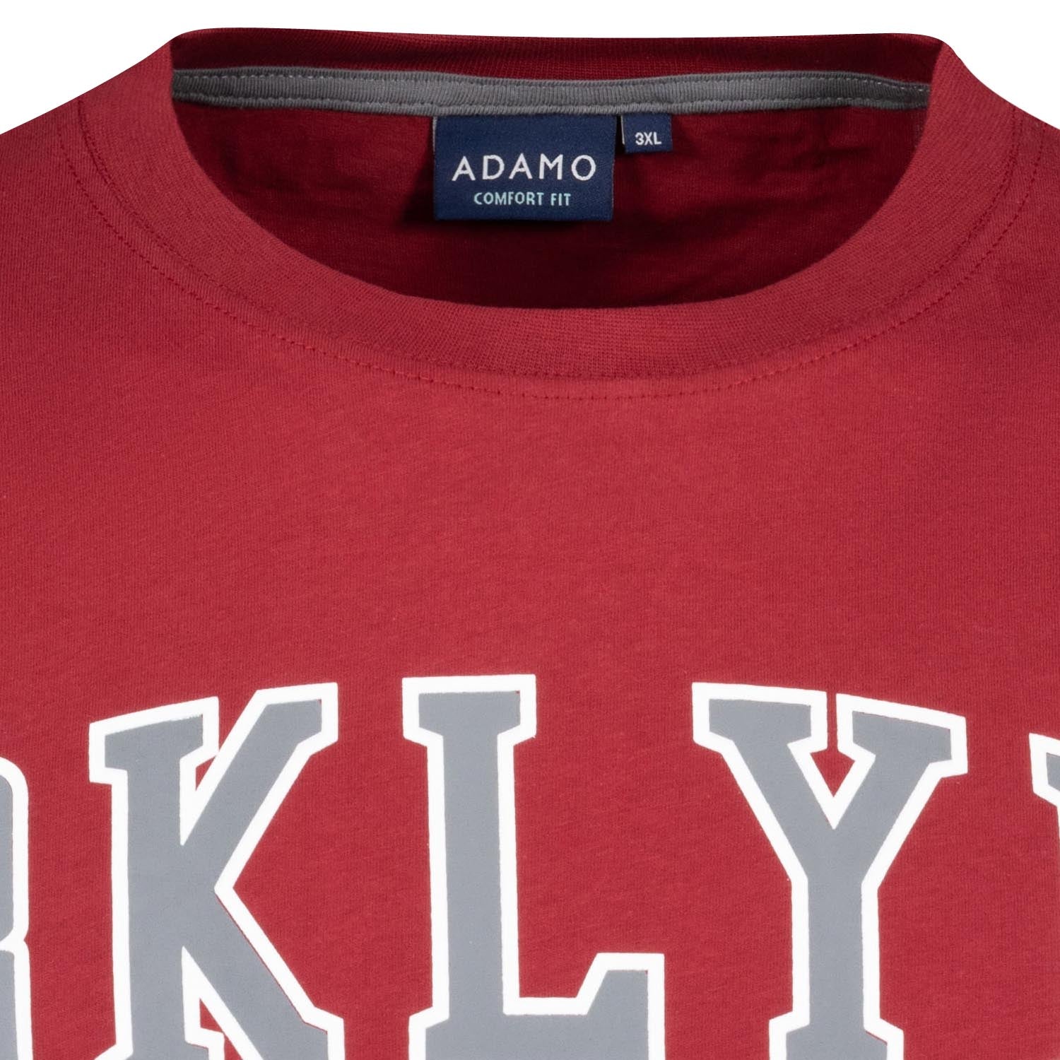 Detailansicht ADAMO Herren Kurzarmshirt in Weinrot mit Rundhalsausschnitt und großem Print.
