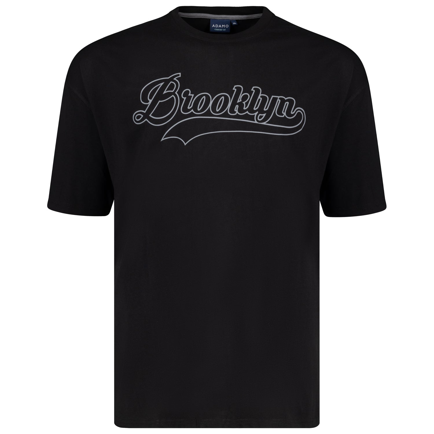 Detailansicht ADAMO Herren Kurzarmshirt in Schwarz mit Rundhalsausschnitt und großem Print.