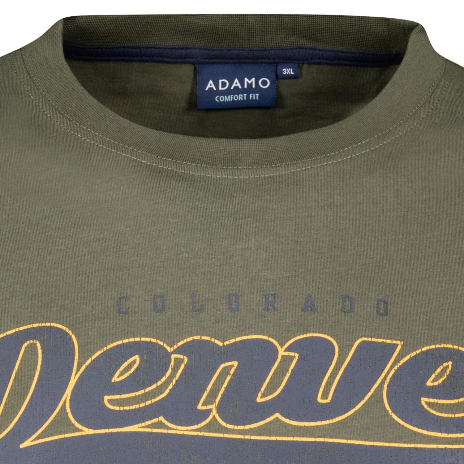 Detailansicht ADAMO Herren Kurzarmshirt in Oliv mit Rundhalsausschnitt und großem Print.