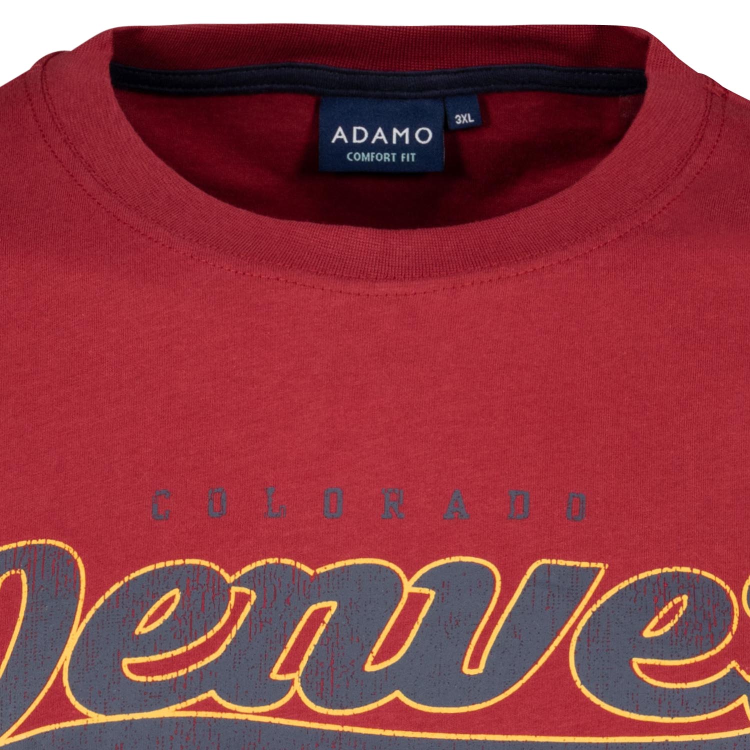 Detailansicht ADAMO Herren Kurzarmshirt in Weinrot mit Rundhalsausschnitt und großem Print.