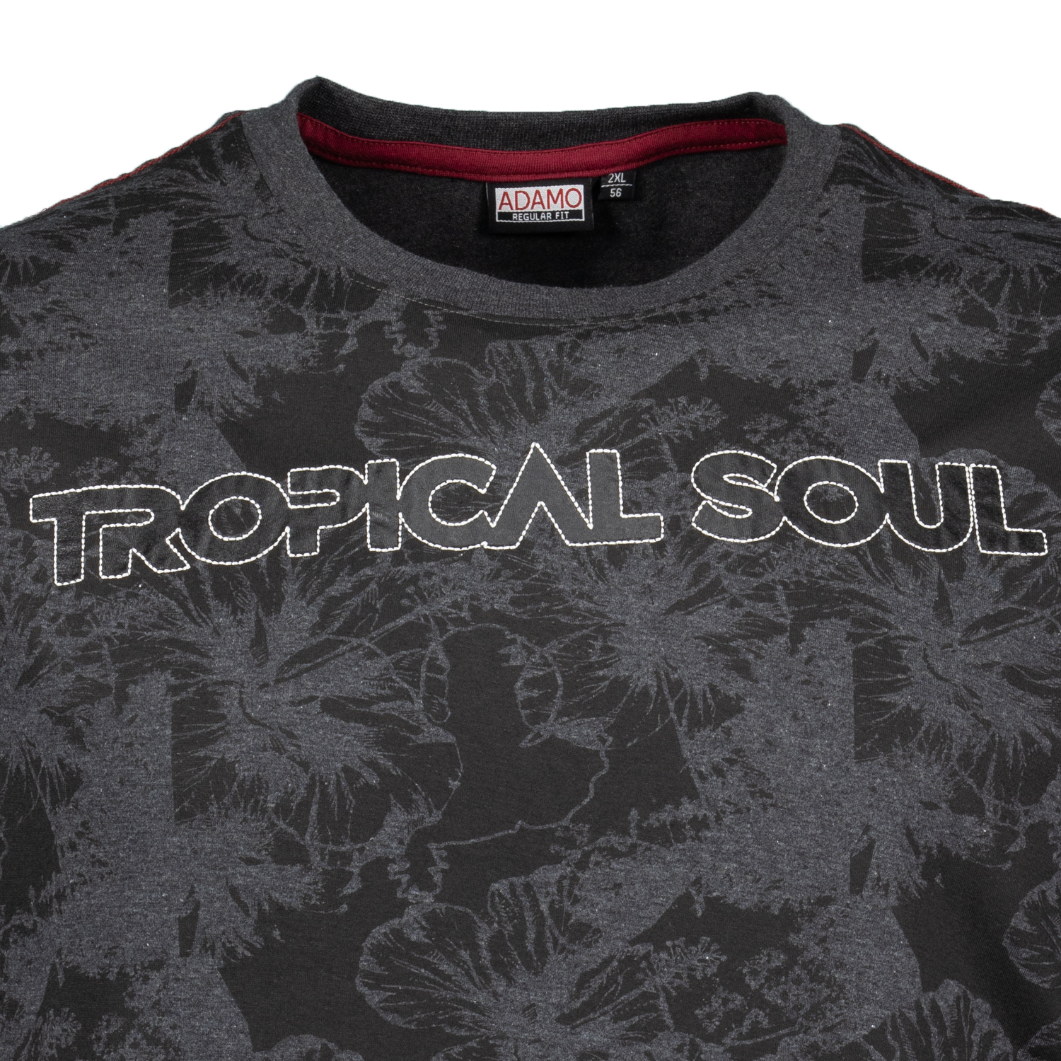 Patterned T-shirt with print and embroidery in anthracite mottled by ADAMO series TROPICAL up to oversize 10XL