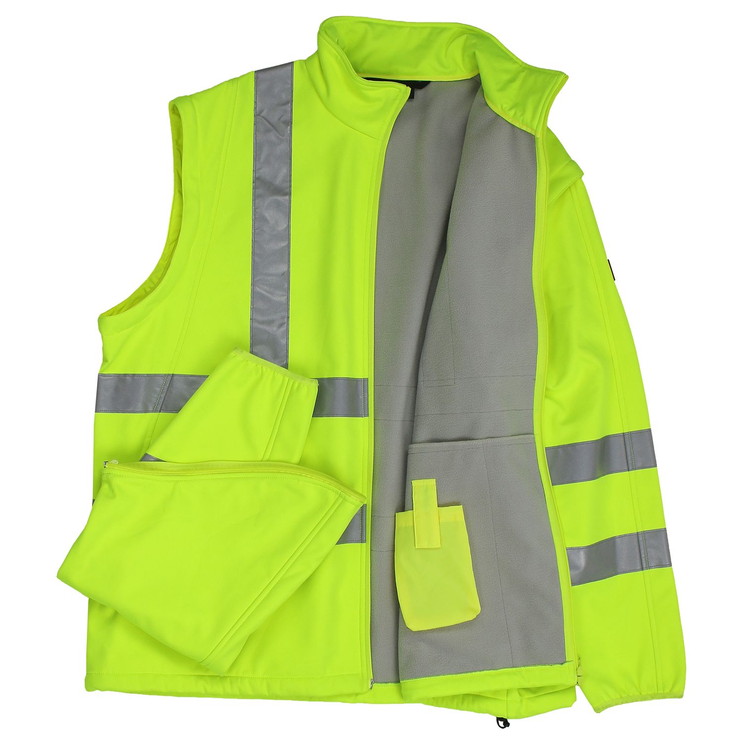 Working softshell jacket/ vest in neon yellow by marc&mark in extra large sizes up to 10XL /  high visibility