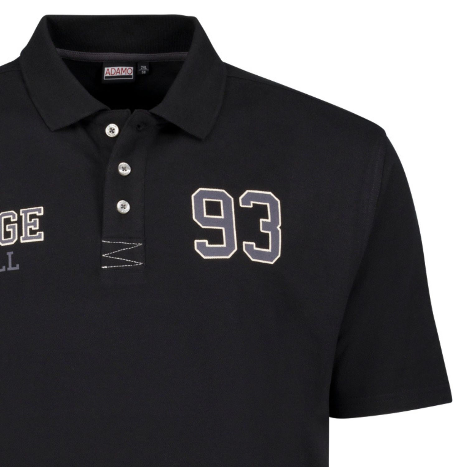 Schwarzes Herren Pique Poloshirt mit Print kurzarm von ADAMO Serie "COLLEGE" bis Übergröße 14XL Comfort Fit