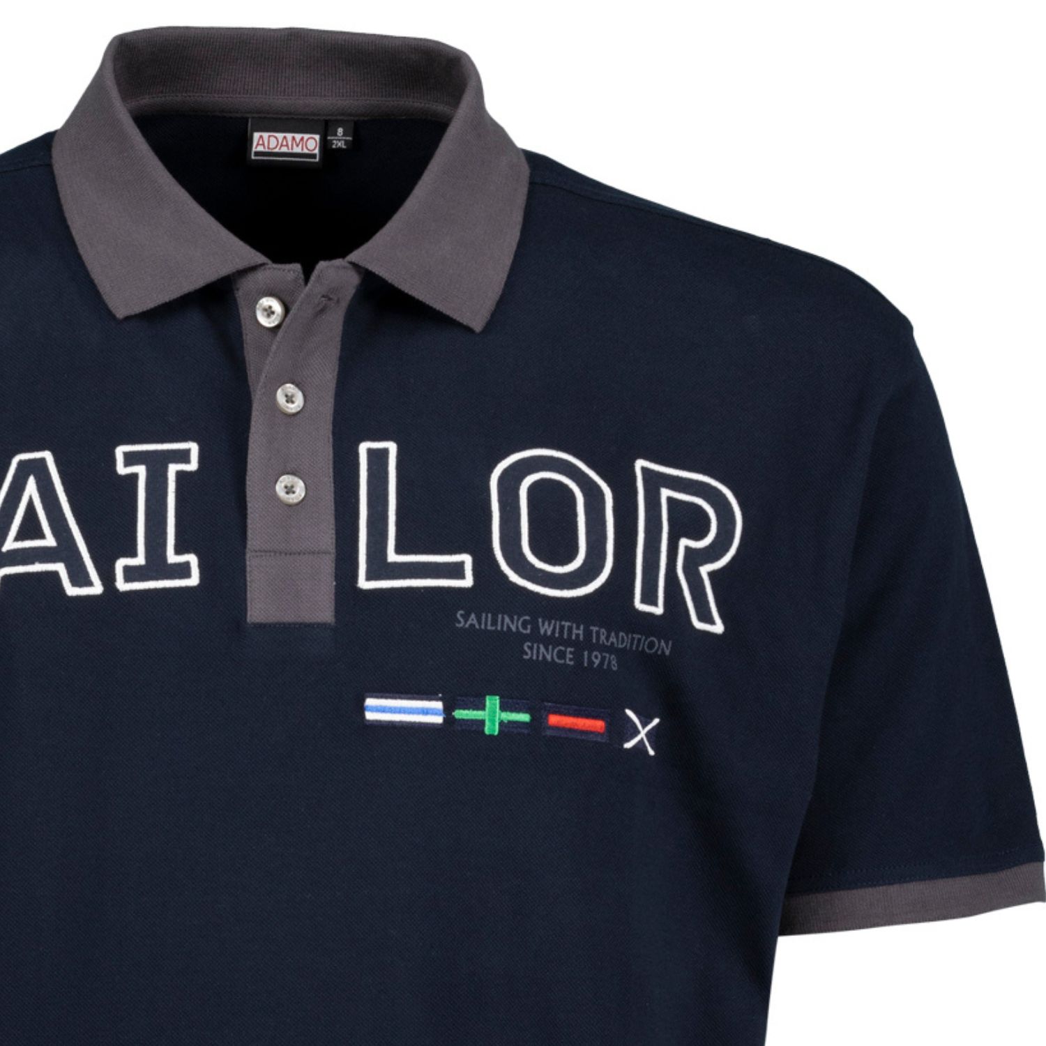 Kurzarm Polo Shirt in navy Serie SAILOR mit Print und Stickerei von ADAMO in Pique Qualität für Herren in großen Größen bis 10XL