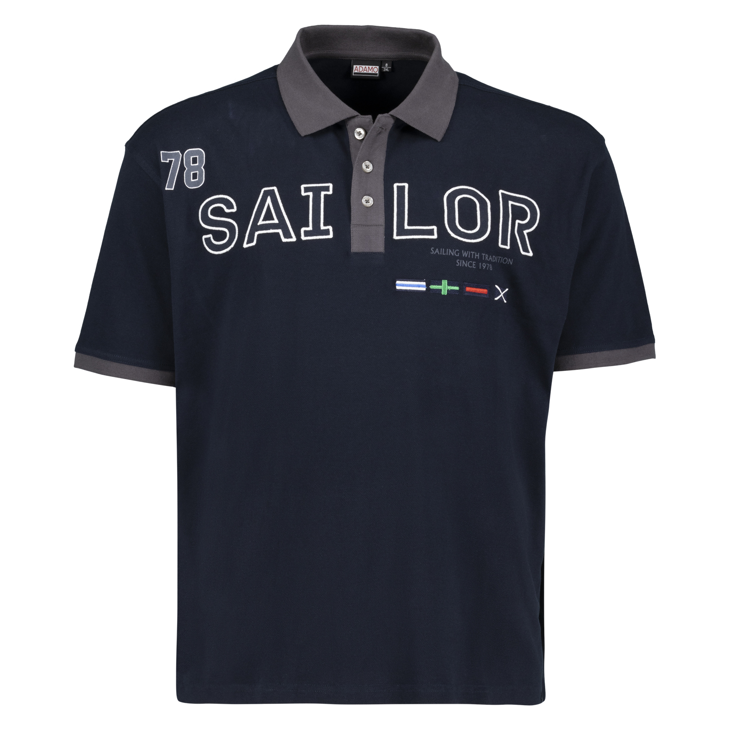 Kurzarm Polo Shirt in navy Serie SAILOR mit Print und Stickerei von ADAMO in Pique Qualität für Herren in großen Größen bis 10XL