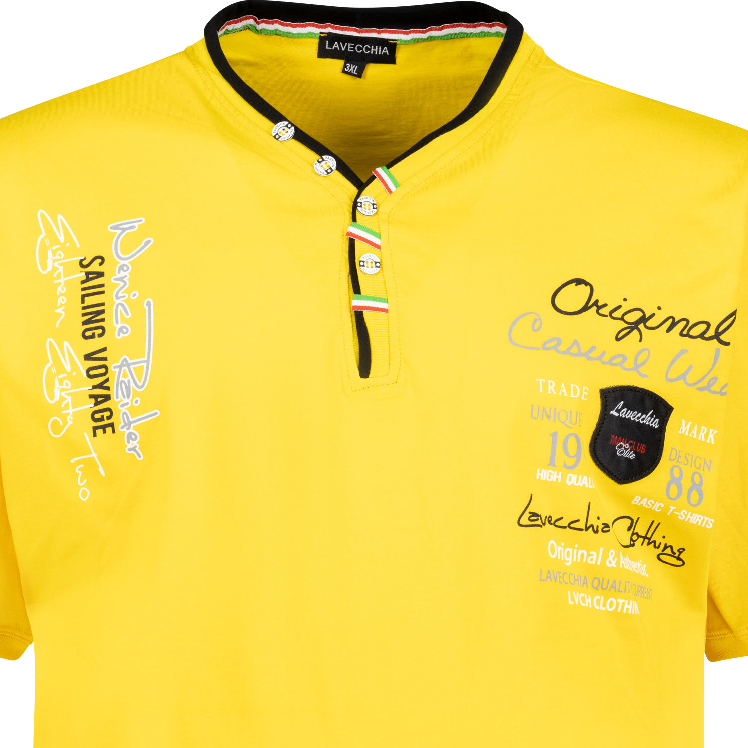 Kurzarm Shirt von Lavecchia in Übergrößen 3XL - 8XL gelb mit Brustaufdruck