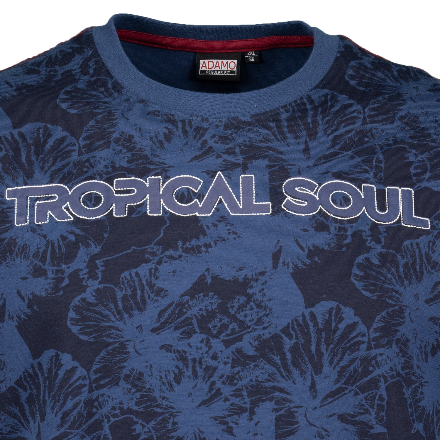 Patterned T-shirt with print and embroidery in navy by ADAMO series TROPICAL up to oversize 10XL