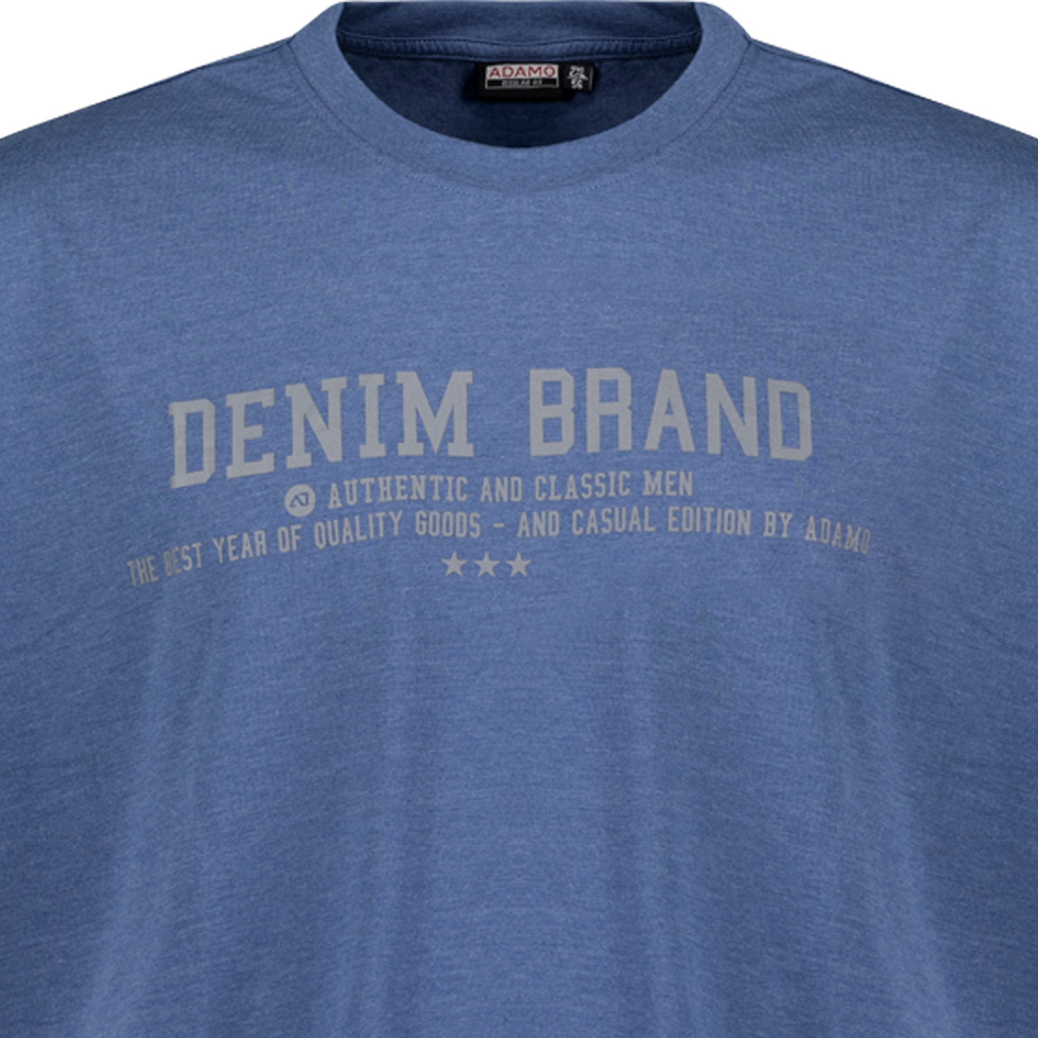 Jeansblaues Herren Übergrößen T-Shirt meliert 2XL-12XL von ADAMO Modell Simon mit Rundhals bedruckt